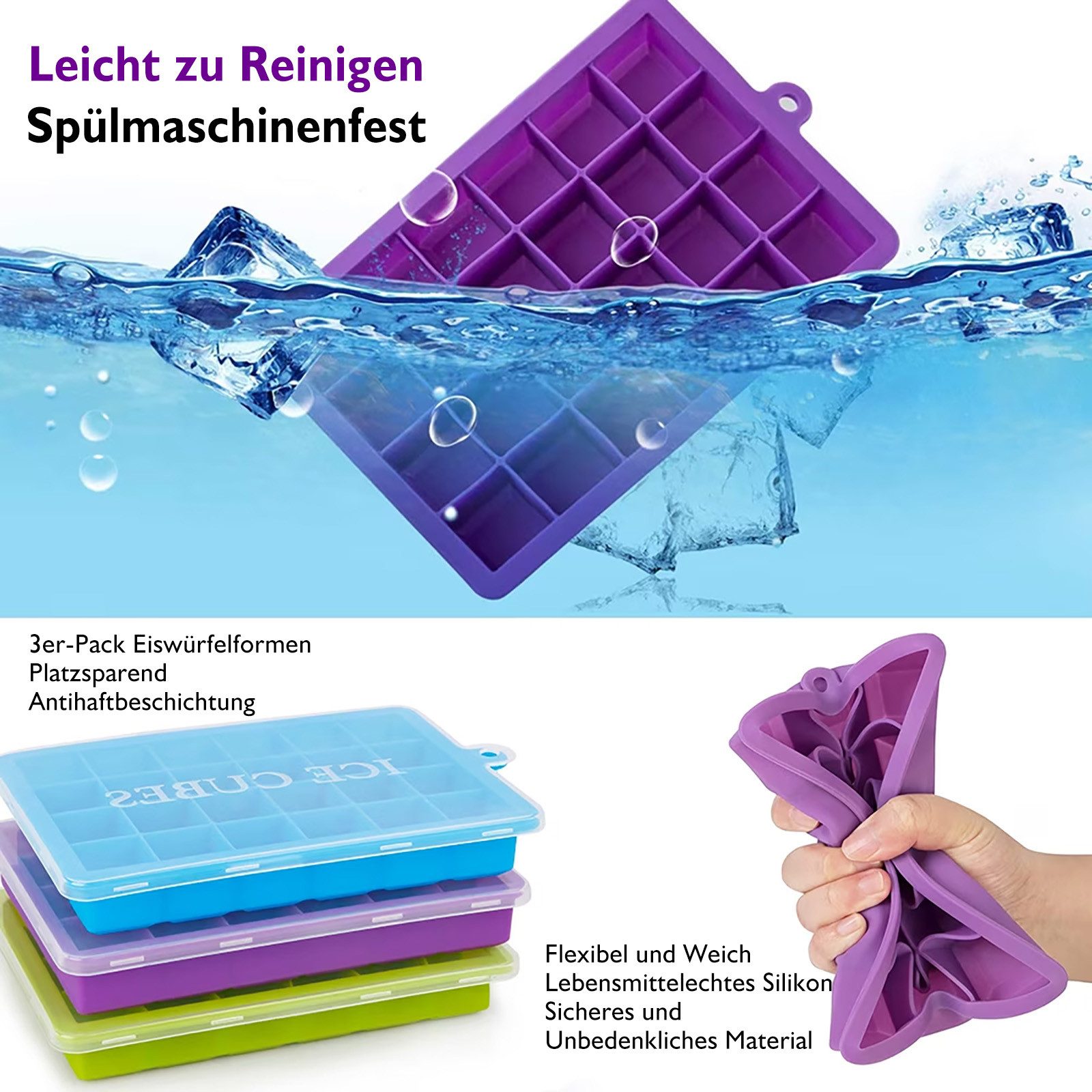 HUGERSTONE Eiswürfelform 3 Pack Eiswürfelbehälter mit Deckel, Silikon Eiswürfelform, BPA frei, (Set, 24 x Eiswürfelformen, 72 Eiswürfel 3-tlg), Stapelbar, Leichtes Herauslösen, Spülmaschinenfest