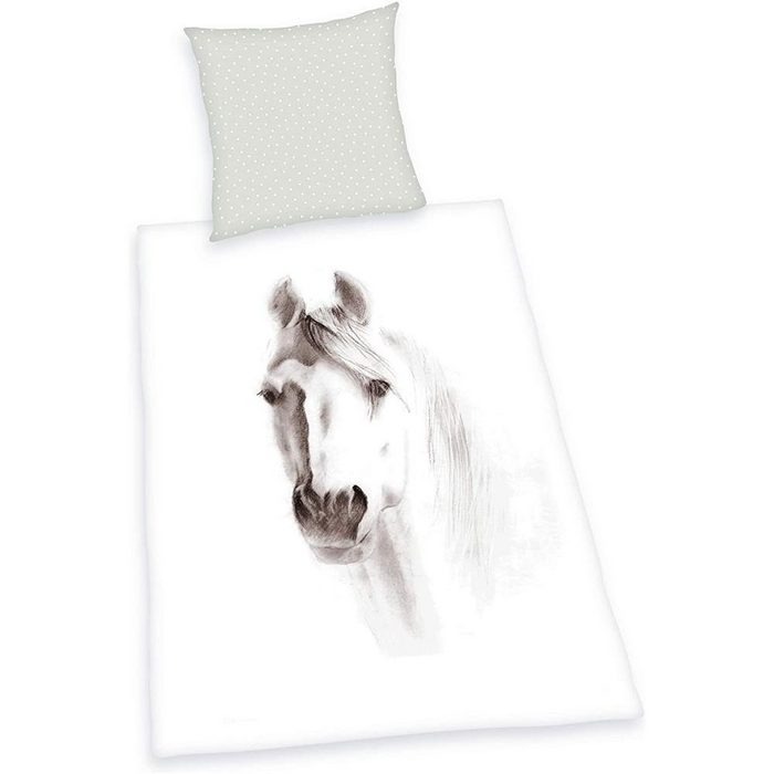 Bettwäsche Pferd Bettwäsche 80x80+135x200 cm Herding weiß Bettbezug Kissenbezug Baumwolle atmungsaktiv