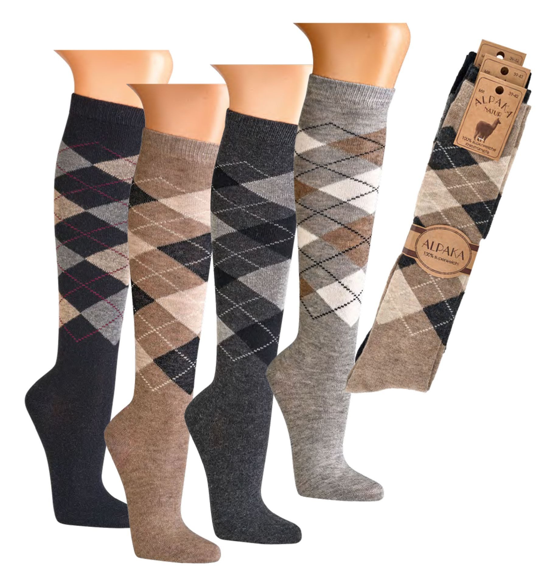 Kniestrümpfe 3 Paar Kniestrümpfe im Karo-Design mit Alpakawolle für Damen & Herren