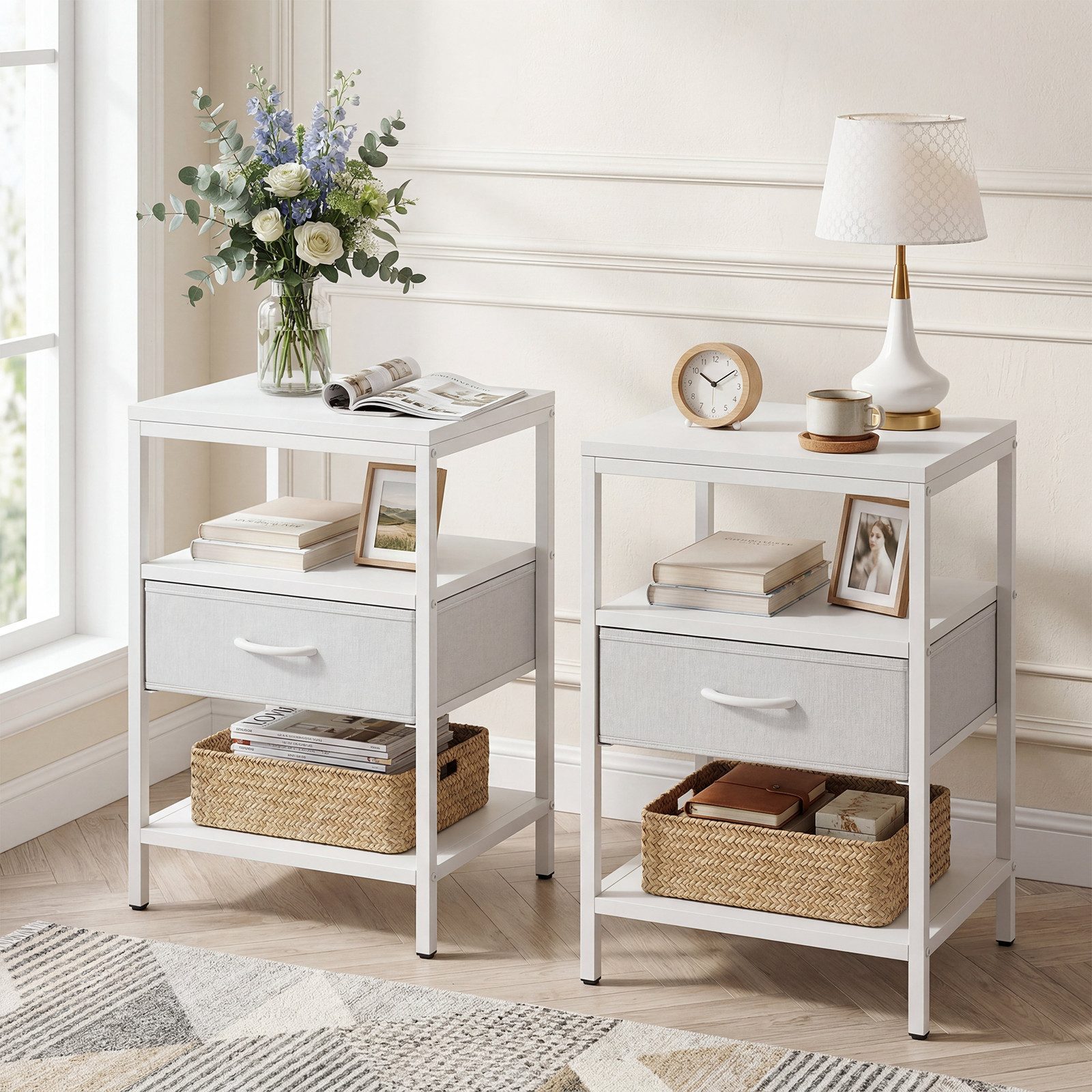 VOWNER Nachttisch 2er Set, Beistelltisch mit Metallrahmen und 1 Schublade