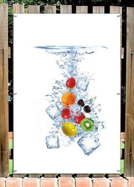 Wallario Sichtschutzzaunmatten Obst-Eiswürfel-Mix im Wasser mit weißem Hintergrund