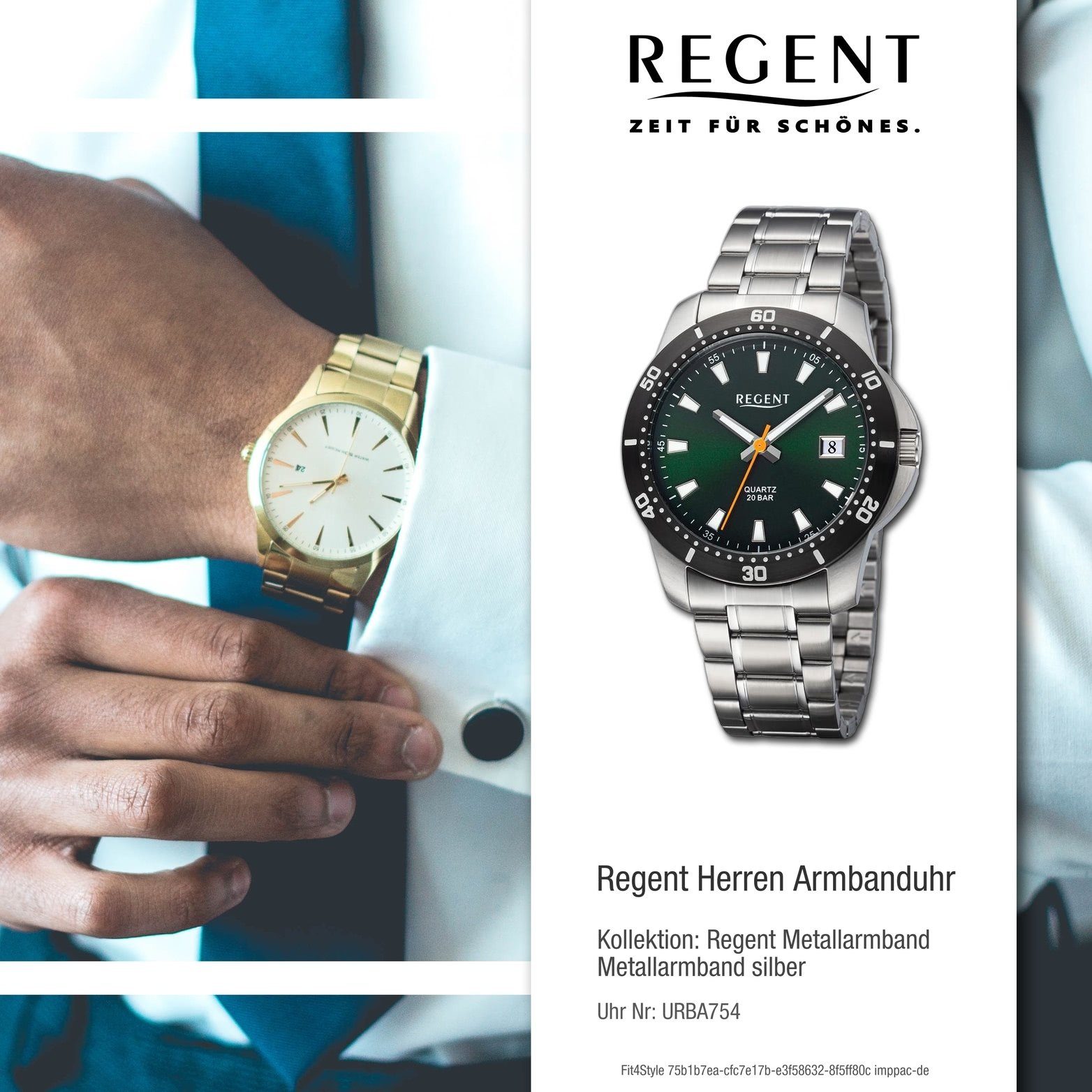 Regent Quarzuhr Regent Herrenuhr Armbanduhr Analog, extra (ca. 40mm) Herren Metallarmband groß Gehäuse, rundes silber