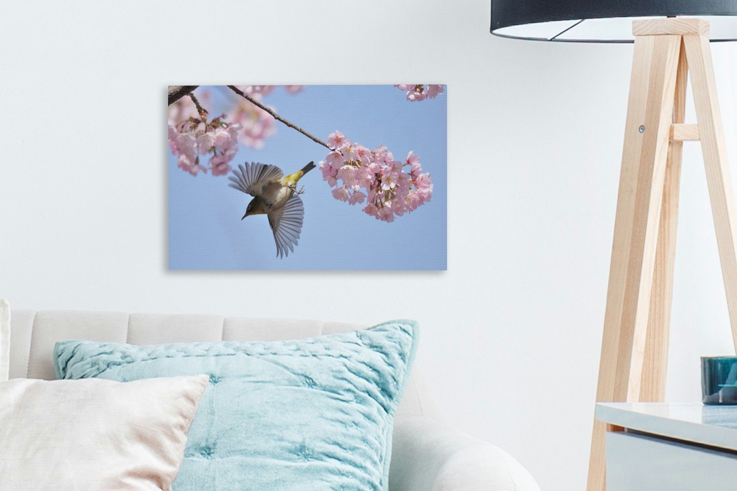 OneMillionCanvasses® Leinwandbild Kirschblüte und Vogel, St), Leinwandbilder, Wanddeko, Aufhängefertig, 30x20 Wandbild cm (1
