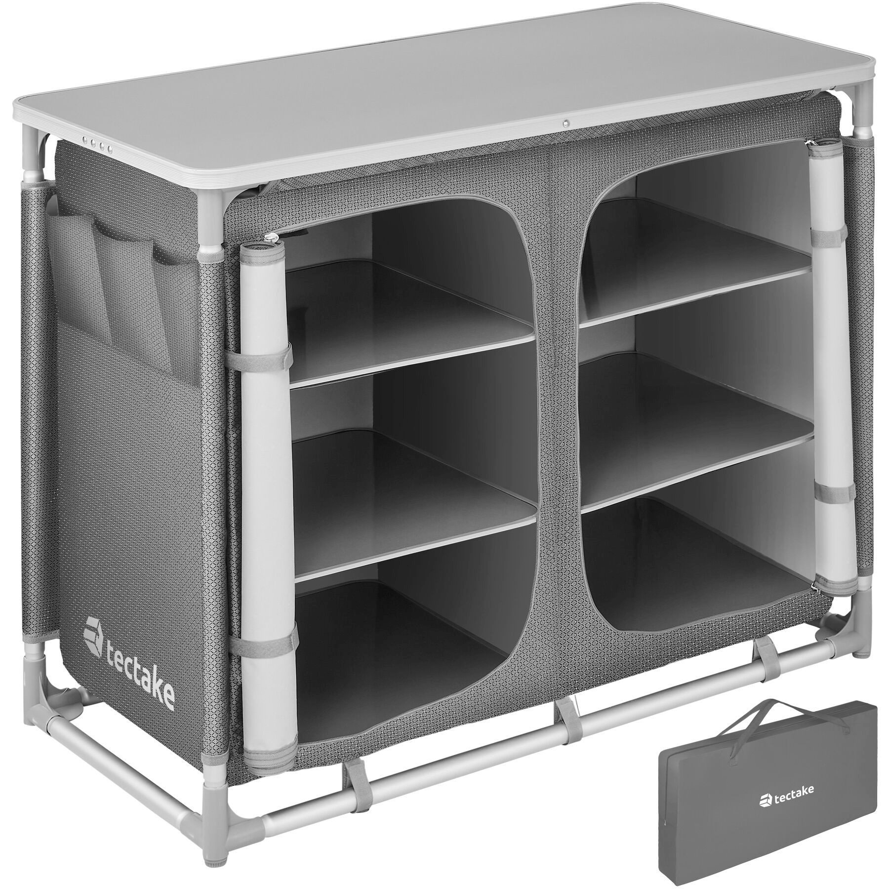 tectake Campingtisch Camping-Klapptisch, Maße: 97 x 47,5 x 78 cm, lässt sich falten (Outdoor-Tisch, 1-St., in grau), Wetterbeständig, Stauraum mit 6 Fächern, inklusive Tragetasche