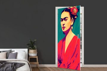 MuchoWow Türtapete Porträt - Frida Kahlo - Frau - Vintage - Rot, Matt, bedruckt, (1 St), Fototapete für Tür, Türaufkleber, 75x205 cm