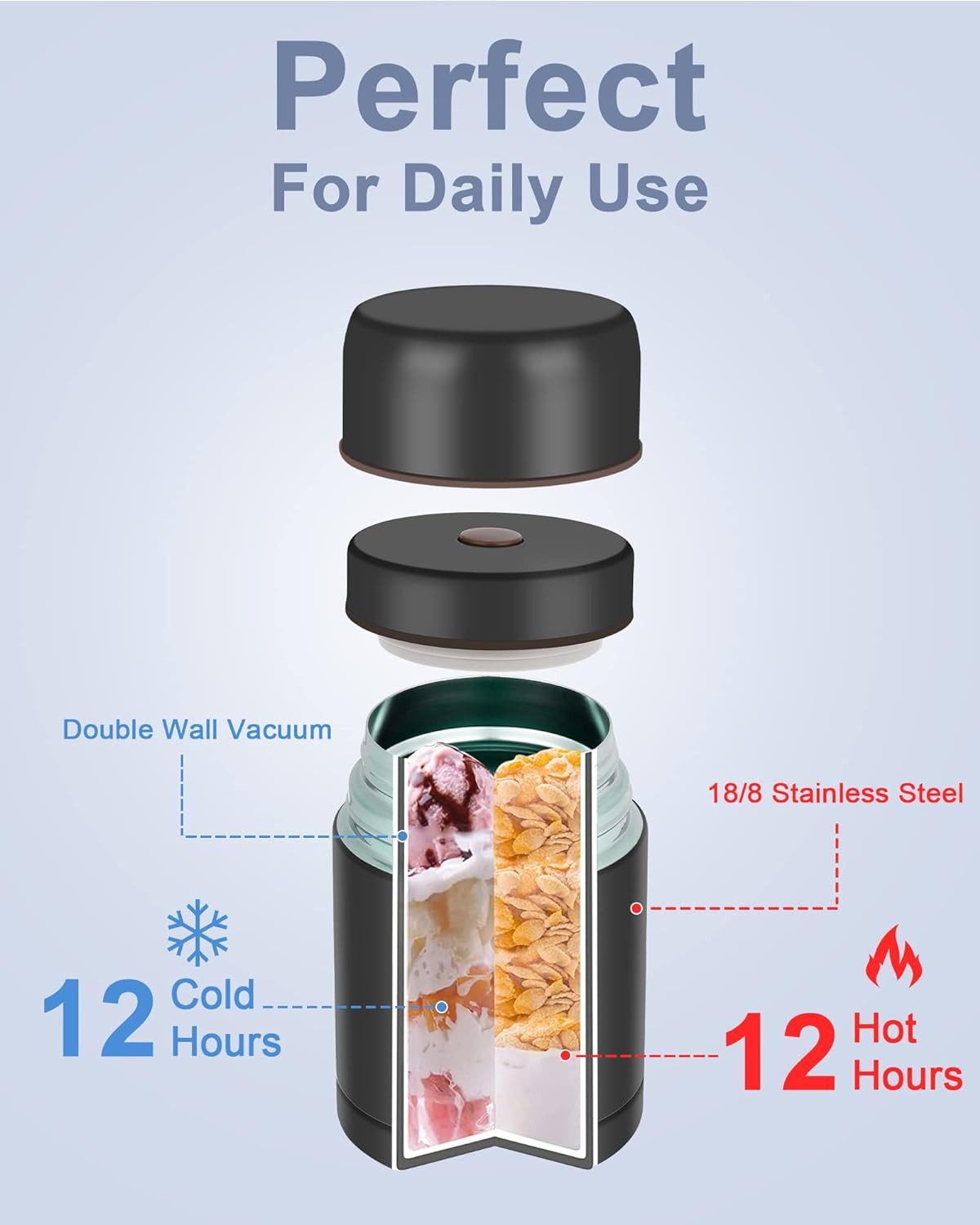 Refined Living Thermobehälter 800 ml Thermobehälter für Essen, Edelstahl Wärmebehälter für speisen, Edelstahl, (Auslaufsicherer Essensbehälter, Speisegefäß für unterwegs, 12 Stunden Heiß, 12 Stunden Kalt, Lebensmittelsicher & BPA-frei, Isolierbecher für Arbeit Schule, 1-tlg., mit Besteck und Tragetasche, auslaufsicher, bruchsicher, robust), Geeignet für Büro, Schule, Reisen, Vielseitige Anwendung