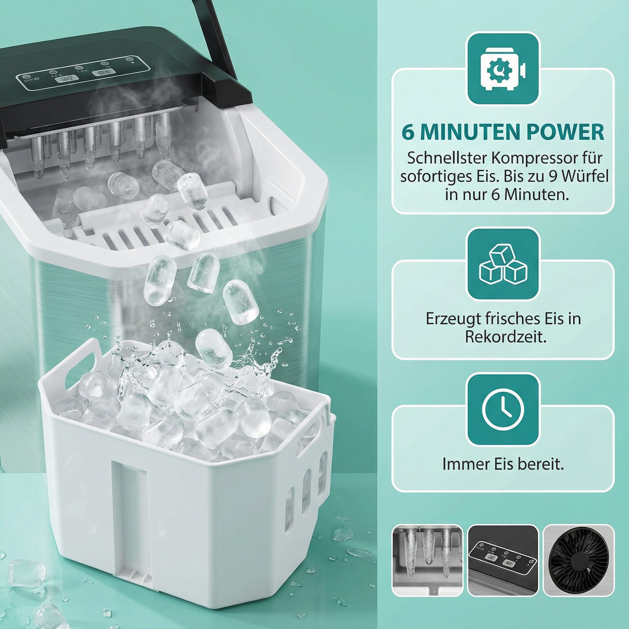 Silonn Eiswürfelmaschine 9 Würfel in 6 Min, 12 kg/Tag, 2 Eisgrößen, Eiswürfelbereiter, Tragbar, Selbstreinigend, Energiesparend, ≤ 45 dB - Für Haushalt, Camping – Bild 4 von 5