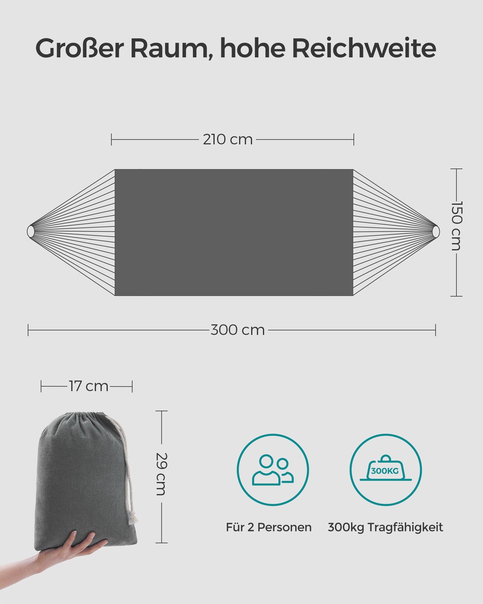 SONGMICS Hängematte, 210 x 150 cm, Doppelhängematte, Belastbarkeit 300 kg