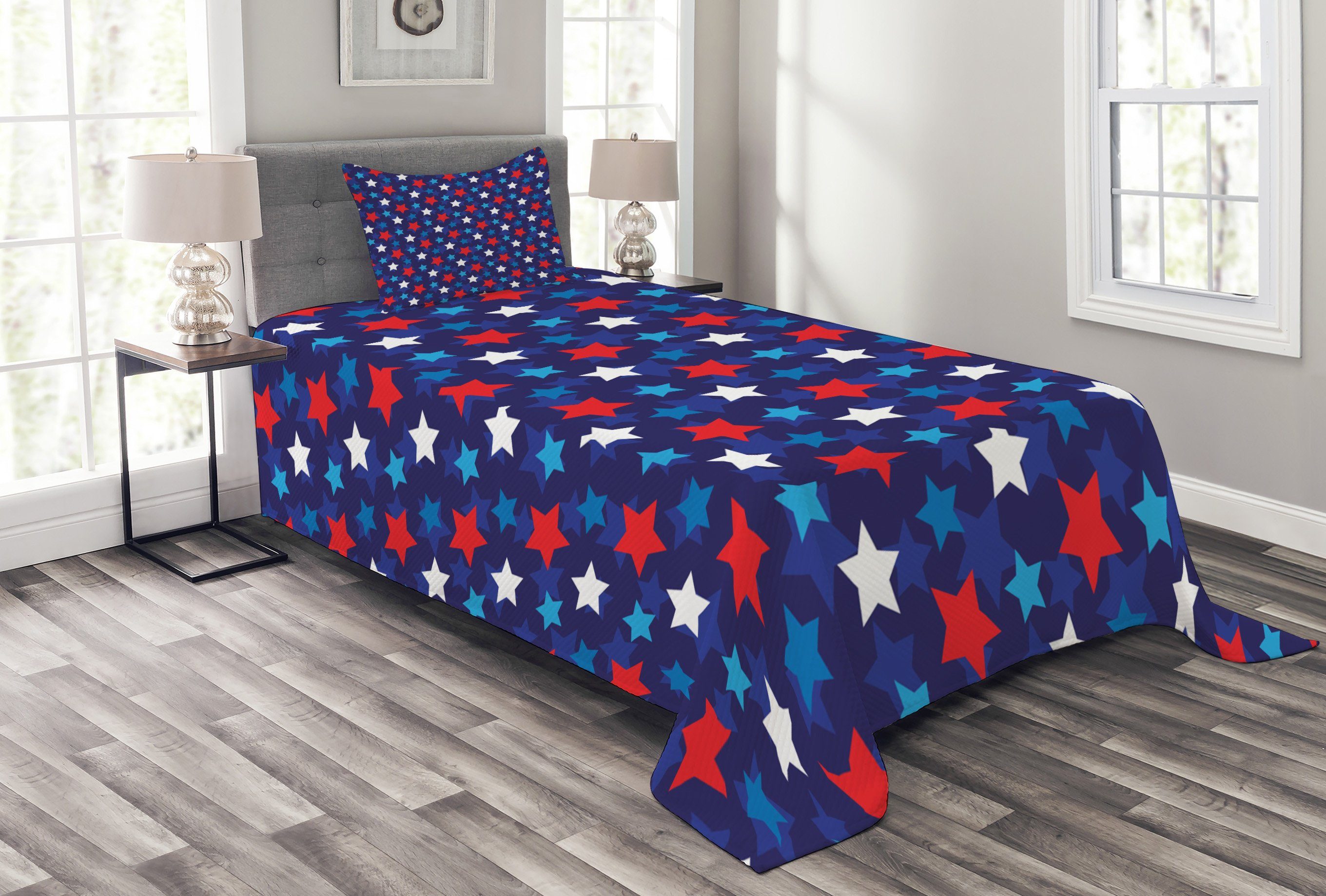 Tagesdecke Set mit Kissenbezügen Waschbar, Abakuhaus, Patriotisch Amerikanische Flagge Sterne