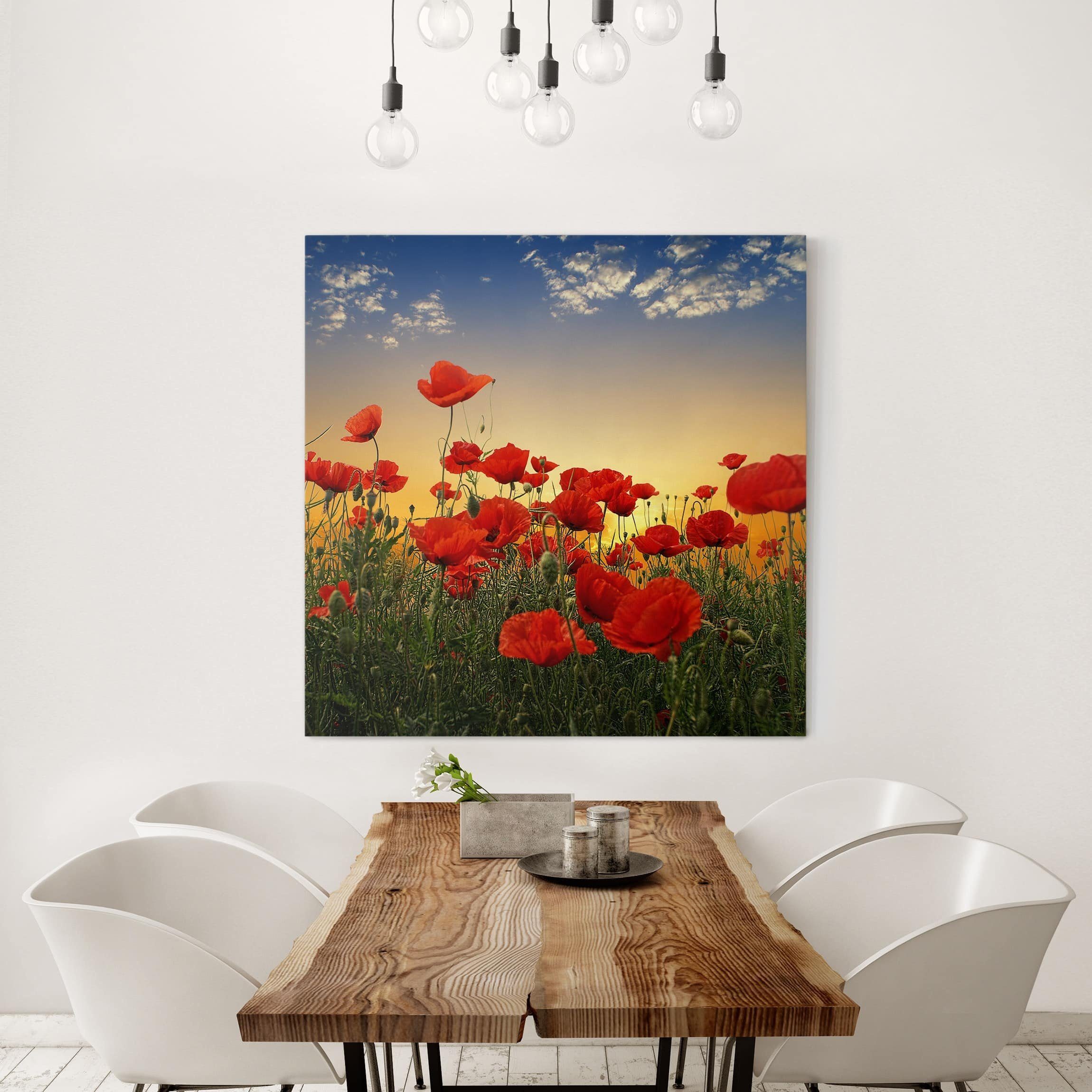 Bilderdepot24 Leinwandbild Blumen Modern Mohnblumenfeld Sonnenuntergang rot Bild auf Leinwand XXL, Bild auf Leinwand; Leinwanddruck in vielen Größen