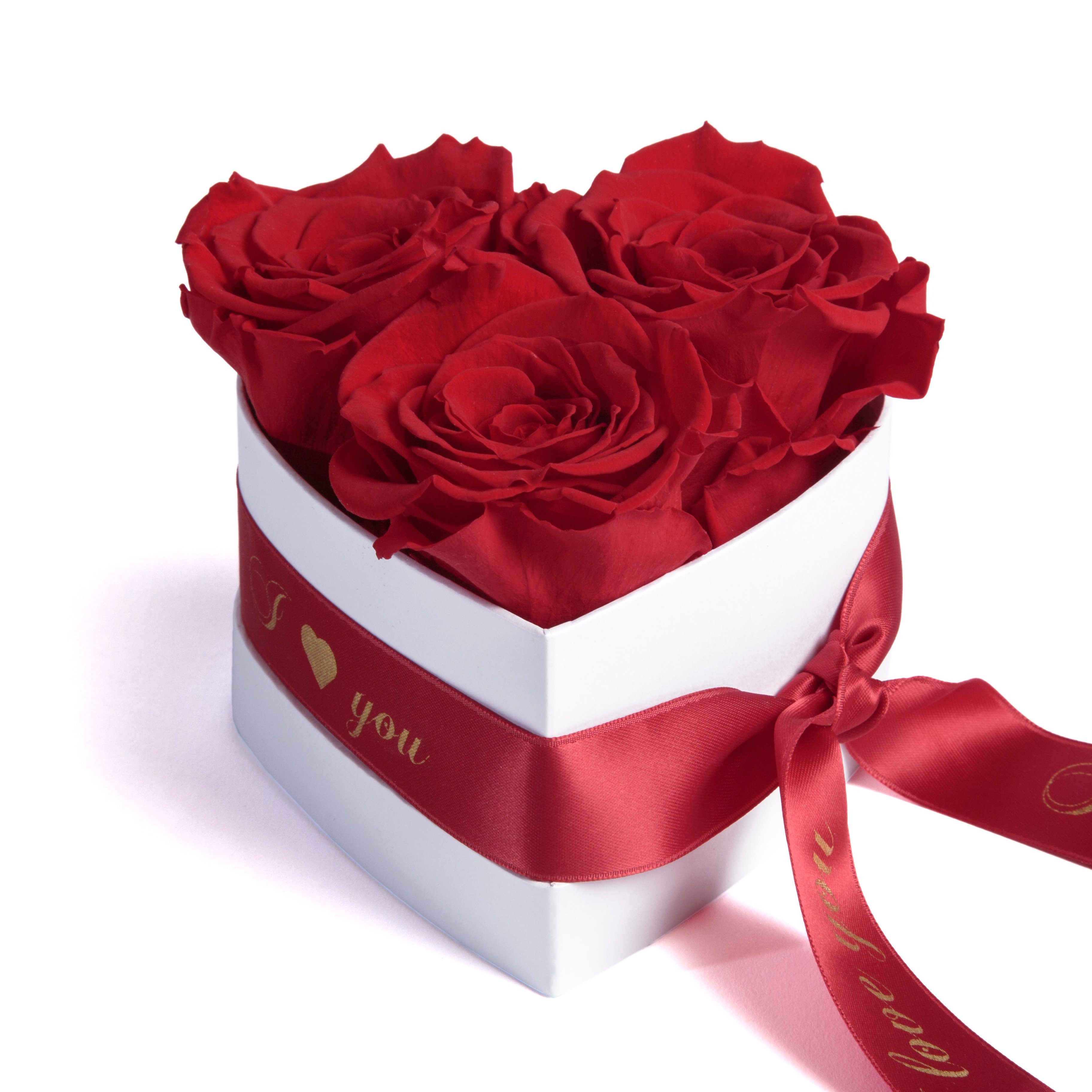 Kunstblume Rosenbox Herz 3 konservierte Infinity Rosen in Box I Love You Rose, ROSEMARIE SCHULZ Heidelberg, Höhe 8.5 cm, Valentinstag Geschenk für Sie Rot