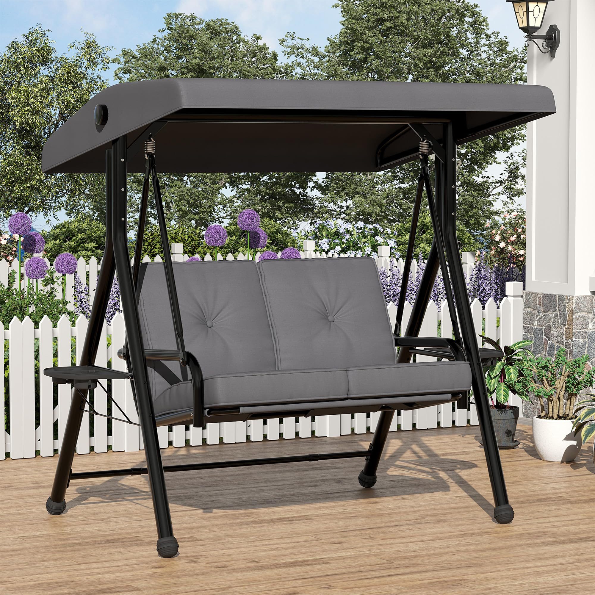 GarveeMore Hollywoodschaukel 2-Sitzer mit Sonnendach und Getränkehaltern Gartenschaukel bis 280kg