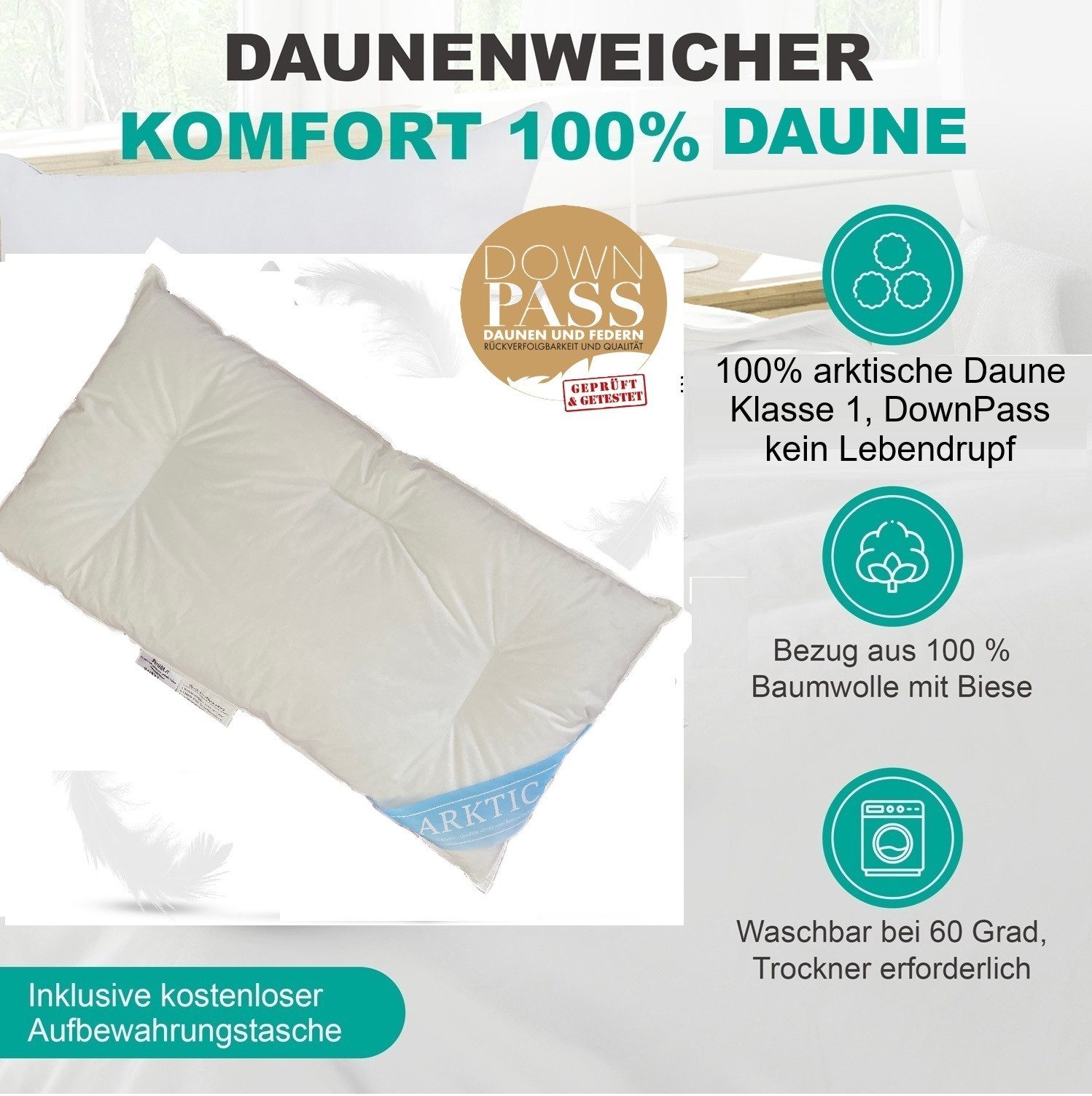 Arktic Bauchschläferkissen Bauchschläferkissen Daunenkissen, Füllung: 100% Daune Klasse 1, Bauchschläfer, Flachkissen ohne Stützfunktion