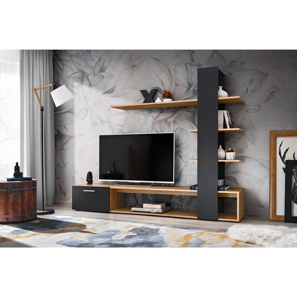 Lomadox Wohnwand EIBAR-164, in Wotan Eiche mit Schwarz matt, 190 cm, TV-Schrank, Regal