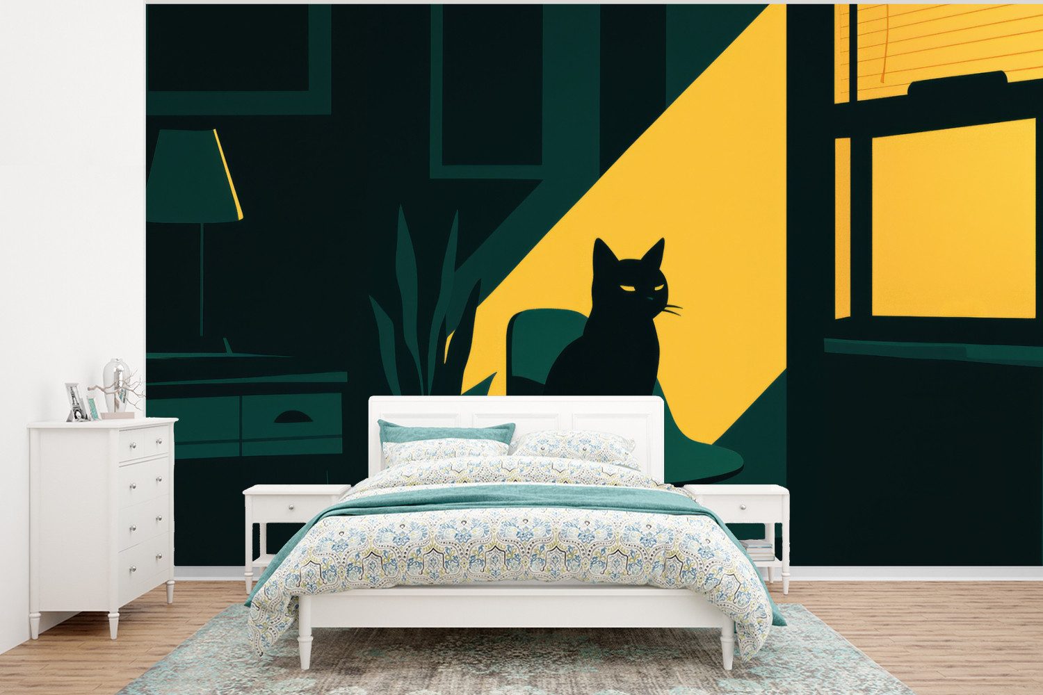 MuchoWow Fototapete Schwarze Katze - Geheimnisvoll - Gelbe Tranche, Matt, bedruckt, Wallpaper für Wohnzimmer, Schlafzimmer, Vinyl Tapete, 295x220 cm