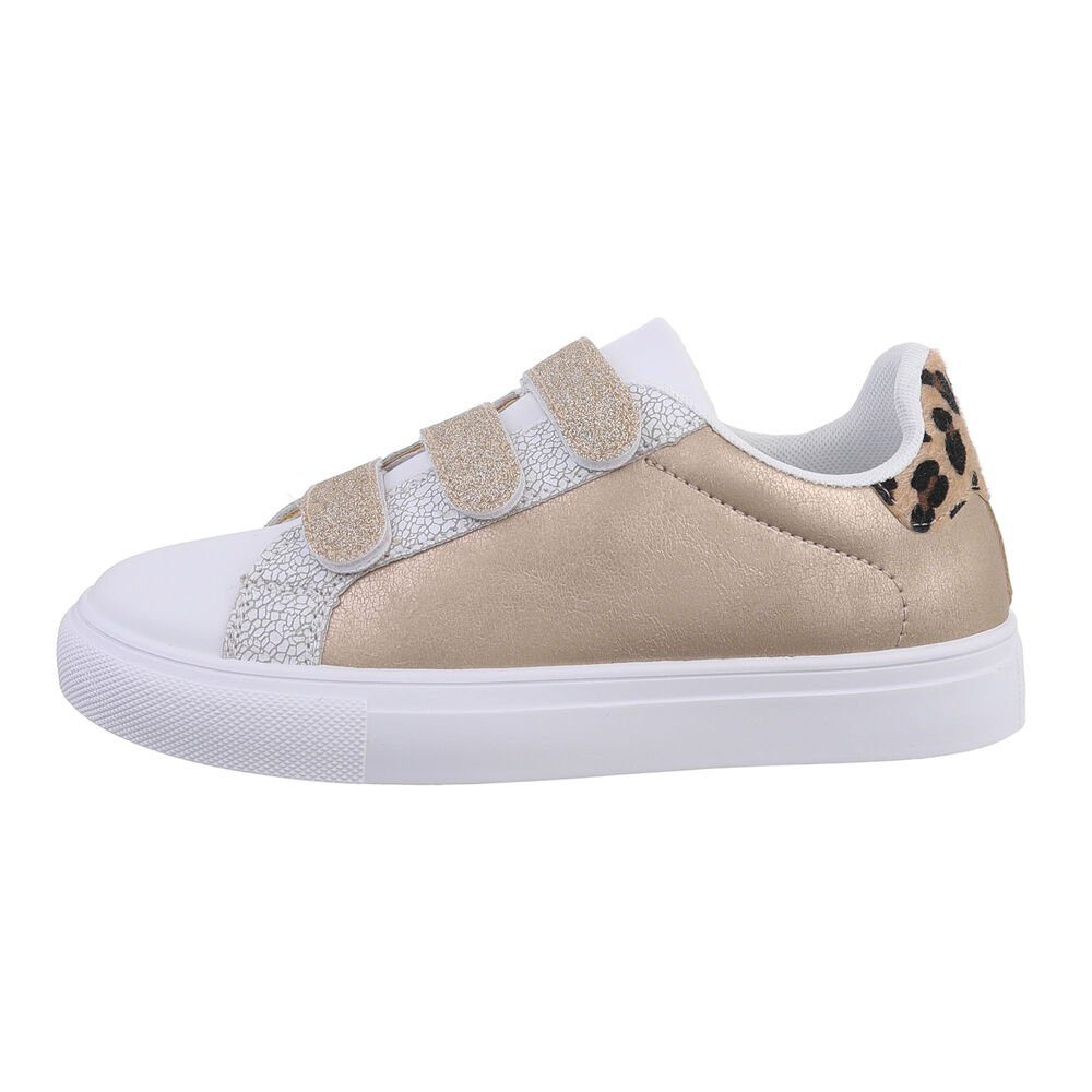 Ital-Design Damen Low-Top Freizeit Sneaker Flach Sneakers Low in Gold Gold, Weiß