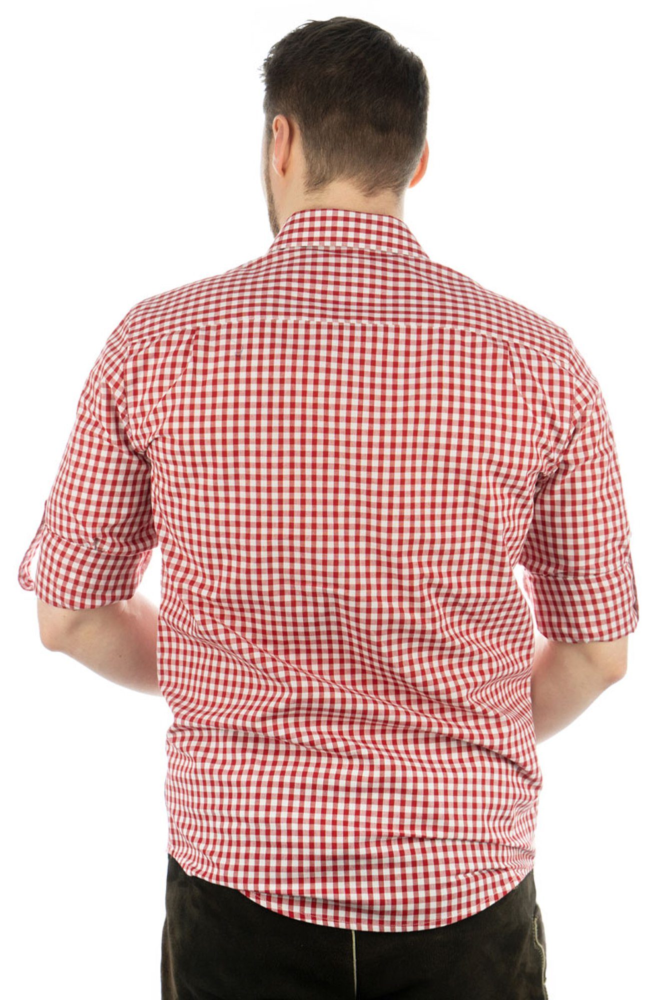 Trachtenhemd mit mittelrot Langarmhemd Brusttasche aufgesetzter OS-Trachten Hirsch-Stickerei mit Ukazui
