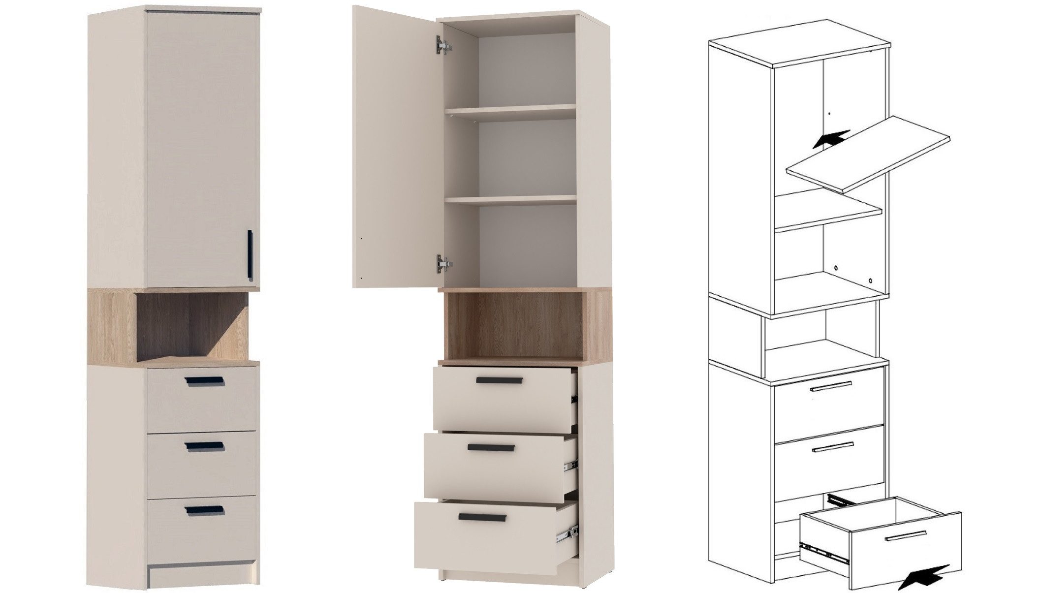 Marmex Möbel Mehrzweckschrank-Set Grant Set 38 C, (3-St., Regal, Eckschrank, Kommode), Soft-Close-Scharniere, Vollauszug der Schubladen