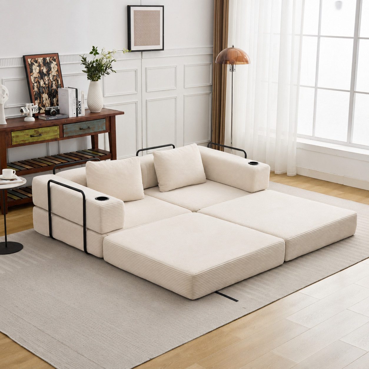Leawin Sofa Sofas Wohnzimmer, modulares Schlafsofa aus Cord faltbar, Weich gepolstert, wandelbar und schnell zur Liegefläche nutzbar