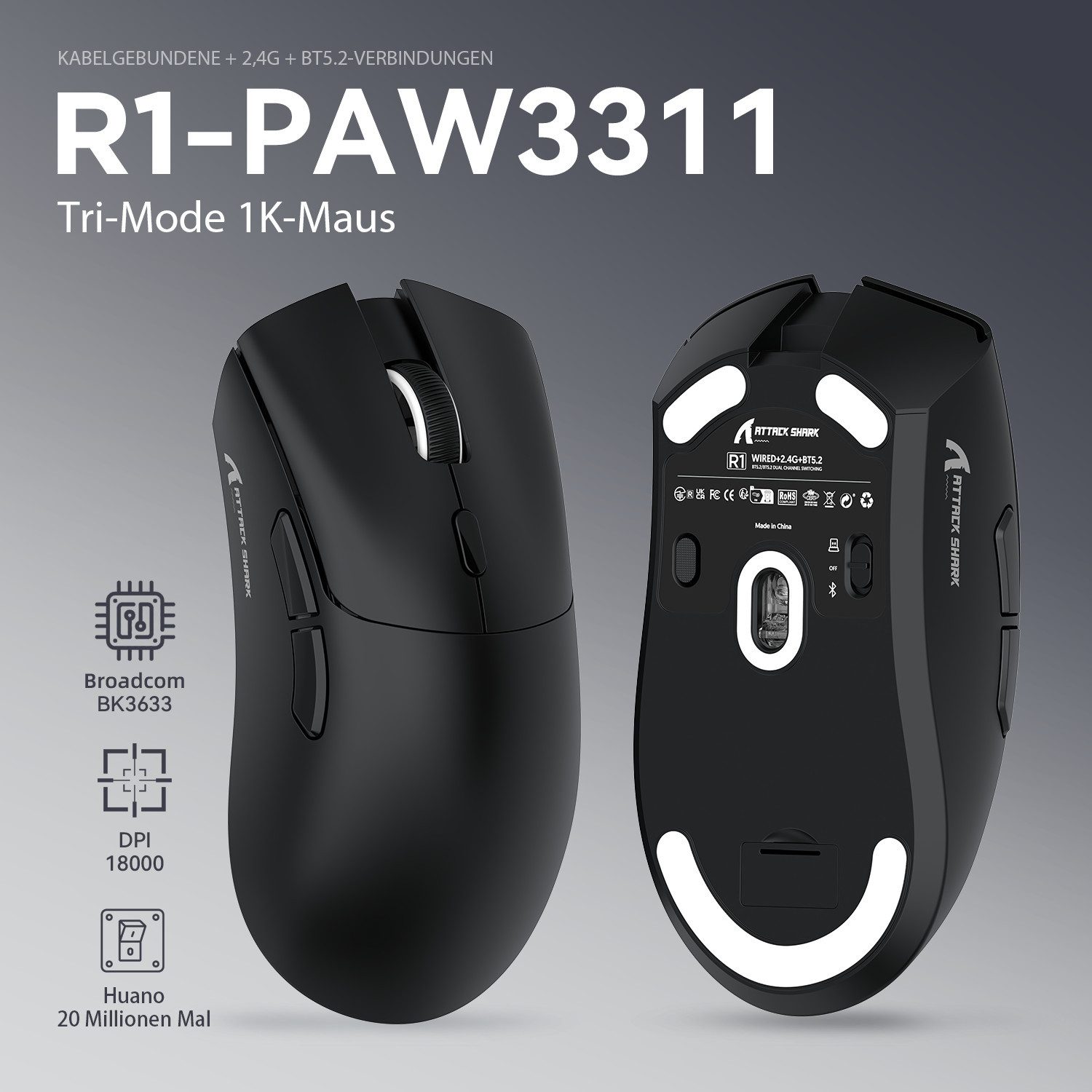 ATTACK SHARK R1 Kabellose Gaming-Maus, PAW3311-Sensor, 18K DPI Gaming-Maus (2.4G, Bluetooth, USB-C, 59 g,18000 DPI,Office-Maus für Win11/Xbox/PS/Mac)
