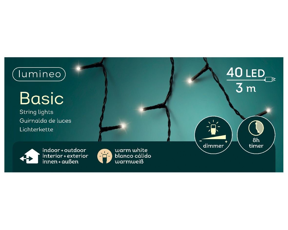 Lumineo LED-Lichterkette Lumineo Lichterkette Basic 40 LED 3 m warm weiß, schwarzes Kabel, Indoor, Outdoor, dimmbar, 8h-Timer
