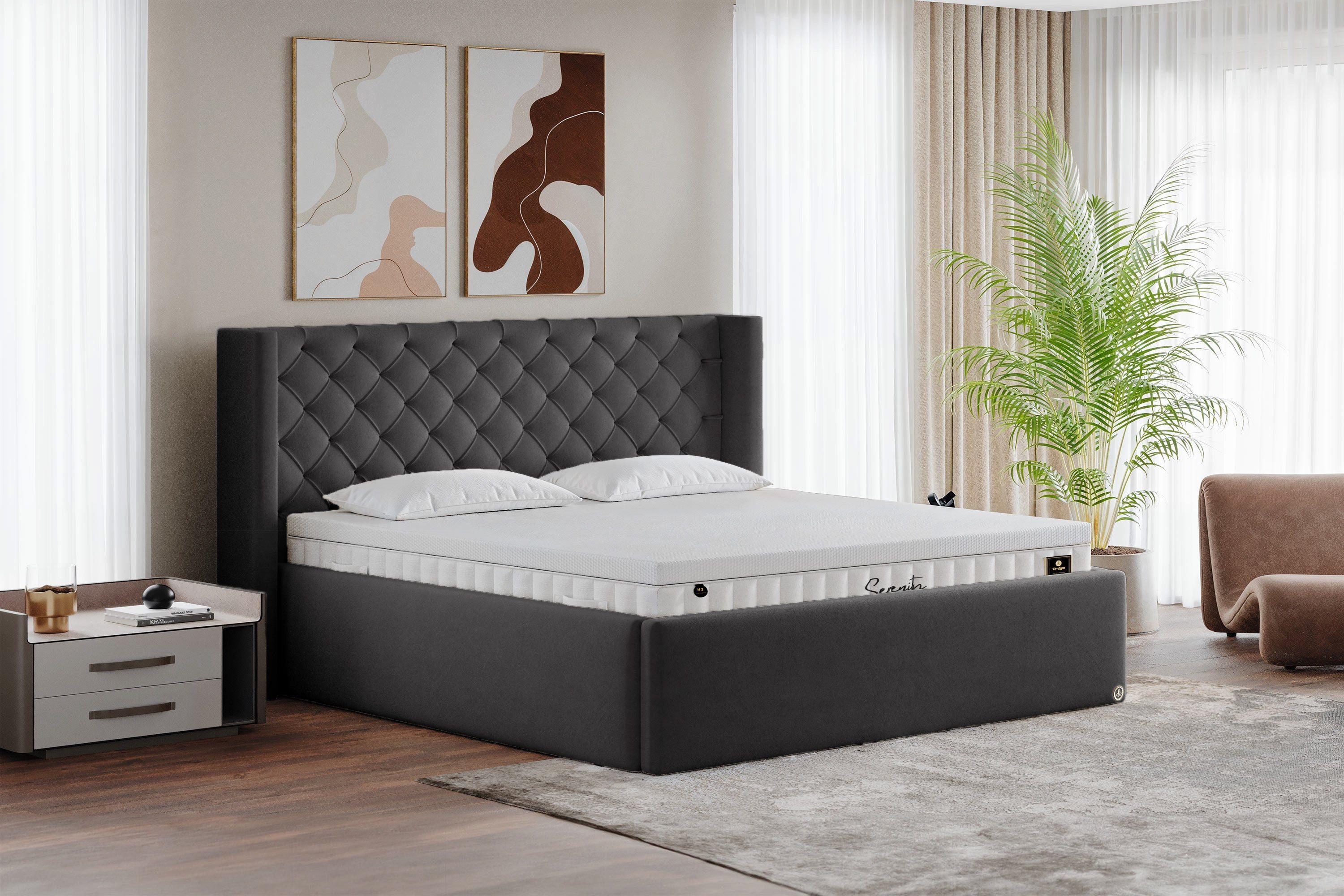 Di-Lara Polsterbett Sarah 90x200 cm (Dunkelgrau, Chesterfield Design & XXL Bettkasten), mit Lattenrost(e) und Bettkasten