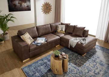 Massivmoebel24 Ecksofa Ecksofa inklusive Kissen 266x216x90 braun Antik Optik HAVANNA