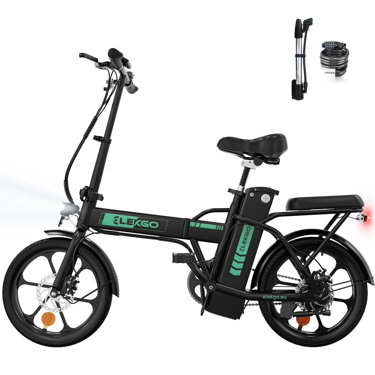 ELEKGO E-Bike Elektrofahrrad 16 Zoll Klapprad mit 36V 8.4Ah Batterie bis 35-70km, 1 Gang, 250W Heckmotor Schwarz