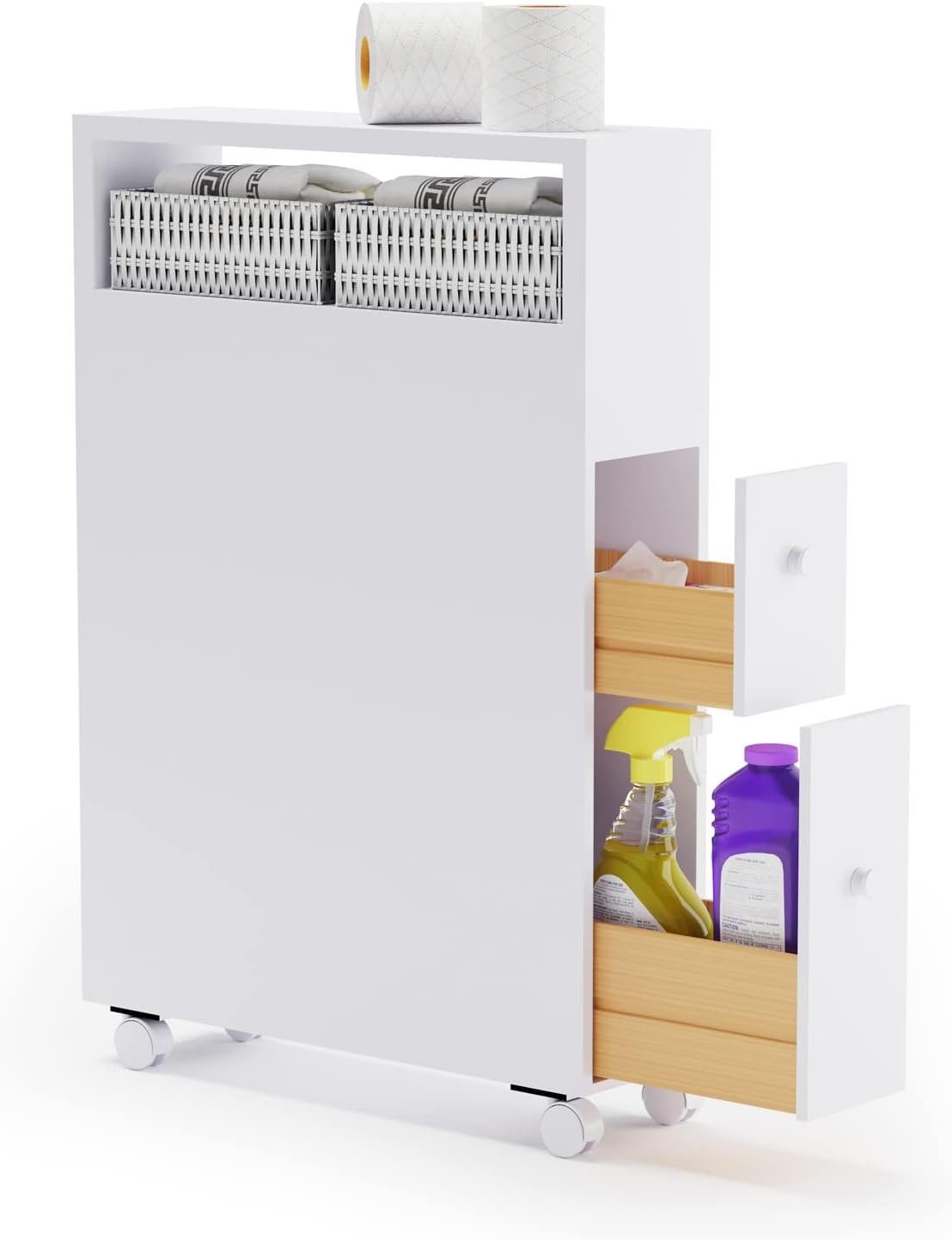 KOMFOTTEU Eckschrank Badezimmerschrank mit Schubladen & Rollen
