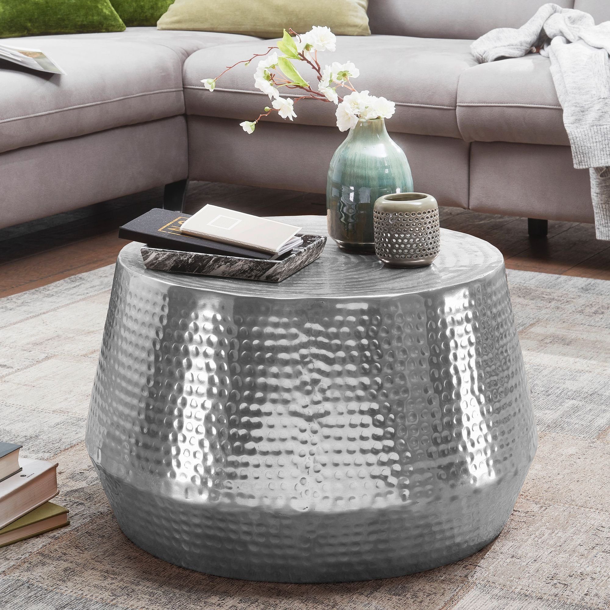 Silber cm FINEBUY Hammerschlag Sofatisch | Aluminium Silber Wohnzimmertisch, Kleiner Orientalisch Couchtisch Rund), SuVa12267_1 Silber (60x36x60