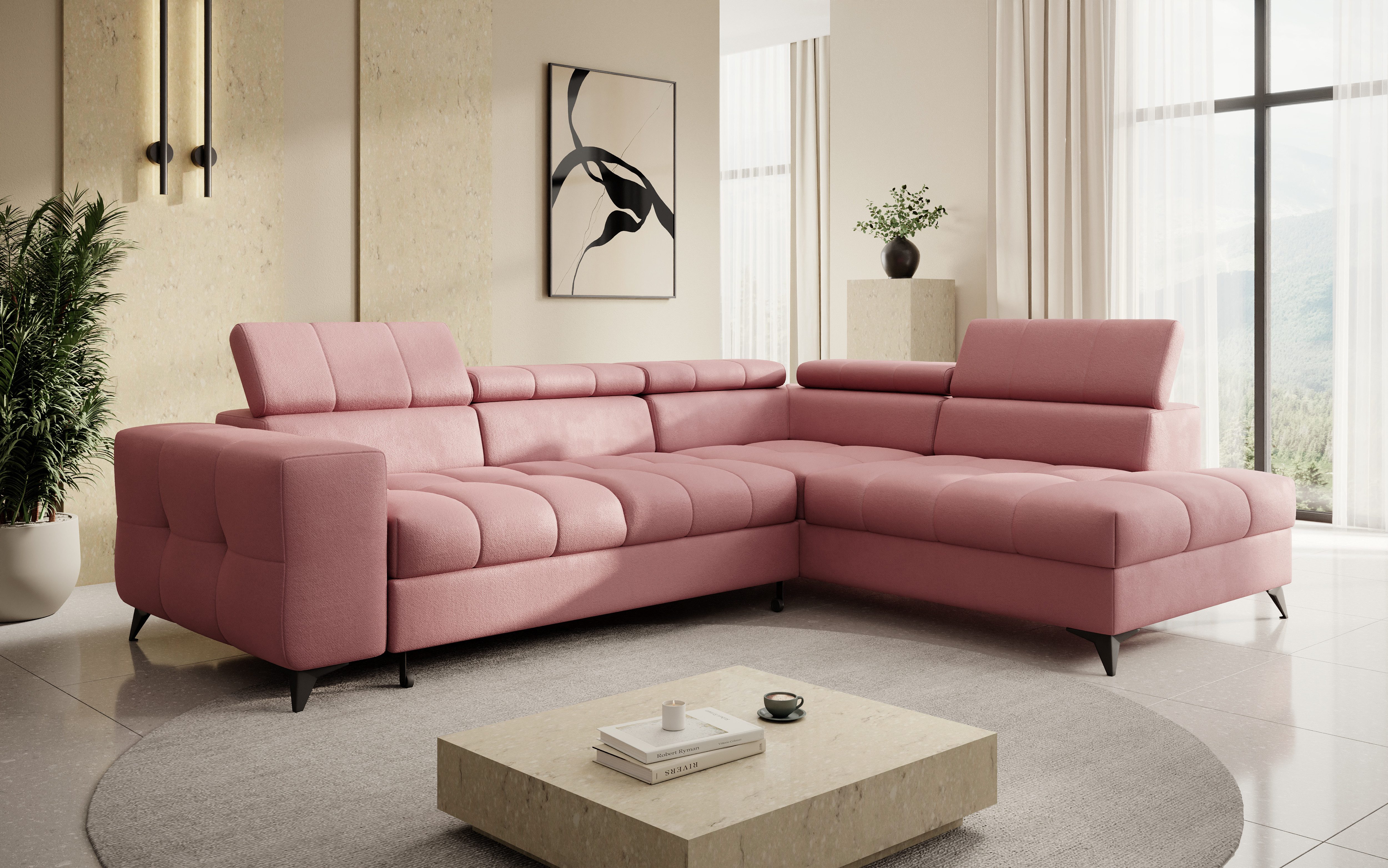 thematys Ecksofa SORANO mit Schlaffunktion & Bettkasten – L-Form, Bouclé und Velours, - mit verstellbaren Kopfstützen, – L-Form 270×203 cm – Schlafsofa mit Auszug, – L-Form 270×203 cm – Schlafsofa mit Auszug