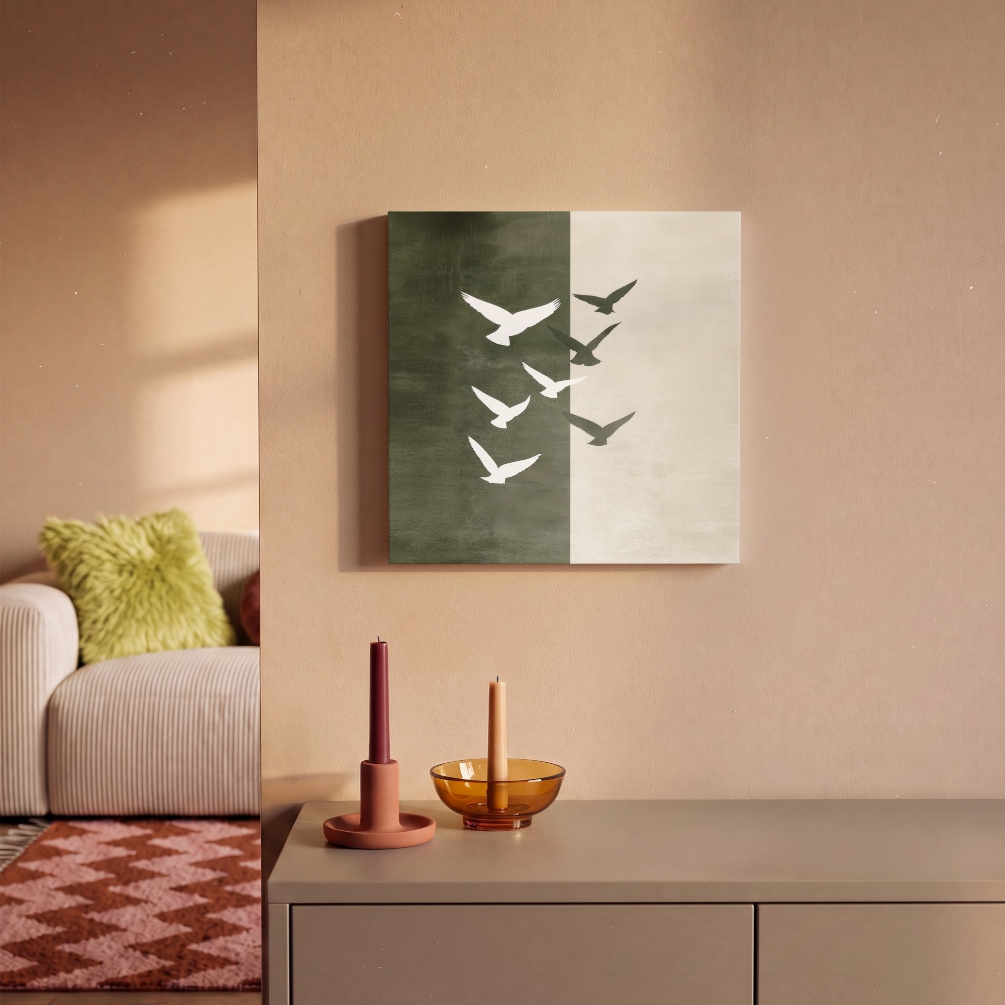 OneMillionCanvasses® Leinwandbild Japandi - Vogel - Grün, Fotodruck (1 St), Wandbild, Deko Schlafzimmer Wohnzimmer Flur 20x20 cm – Bild 2 von 5