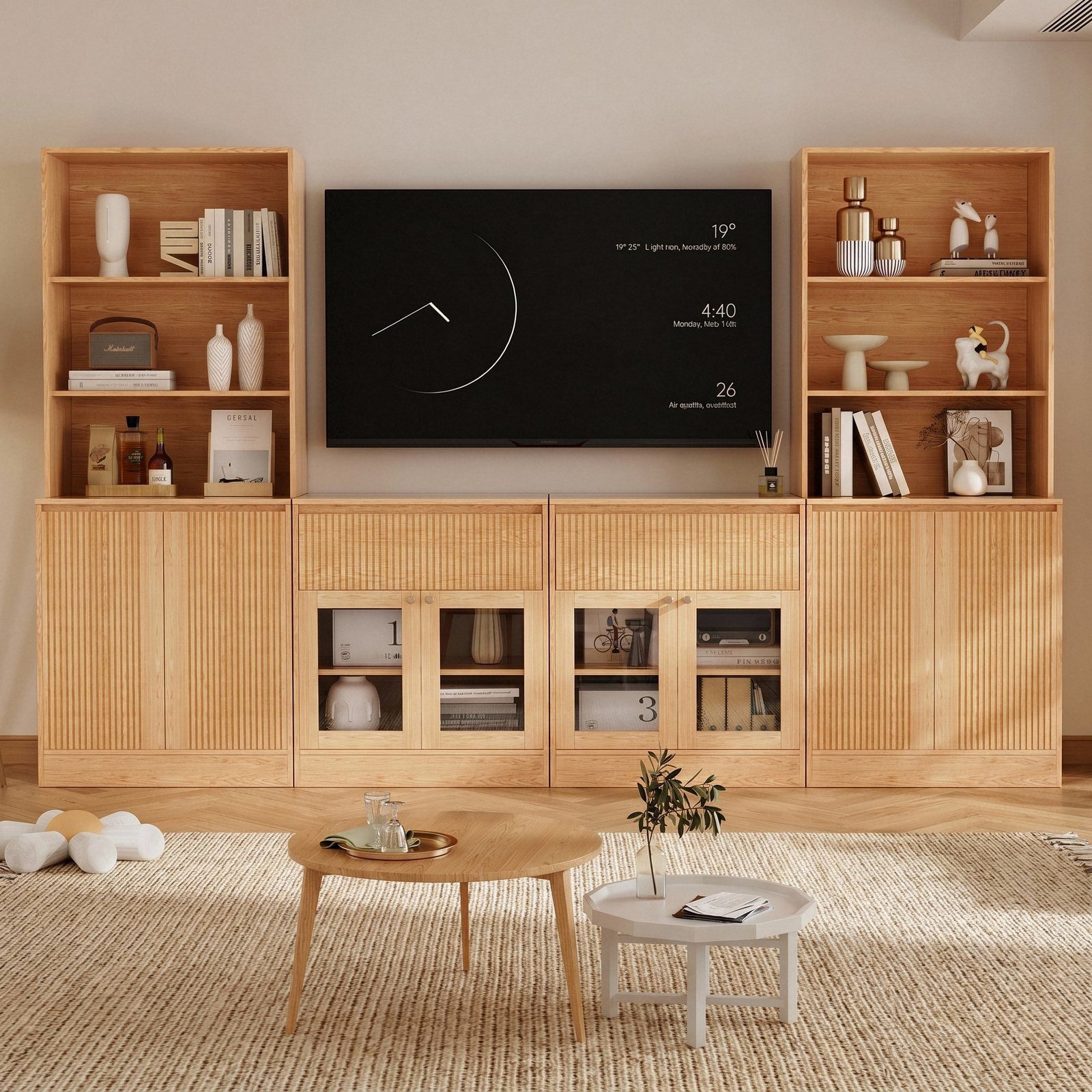 VOWNER TV-Schrank mit Arbeitsplatte & Schublade, 280cm, Holzfarbe (4 PCS) (4-St) Die 4 Module lassen sich einzeln oder zusammen verwenden
