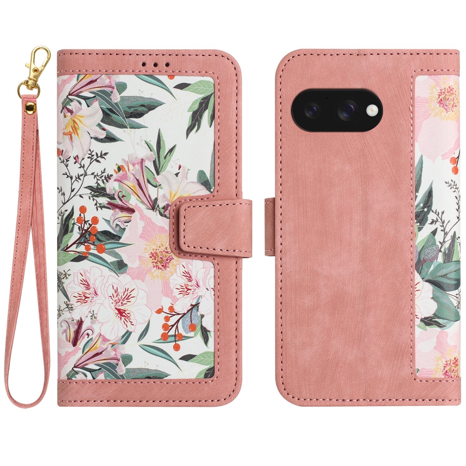 Wigento Smartphone-Hülle Für Google Pixel 9a Kunstleder Book Wallet Blumen Tasche Hülle Rosa, Blumenmuster, Kartenfächer, Lanyard