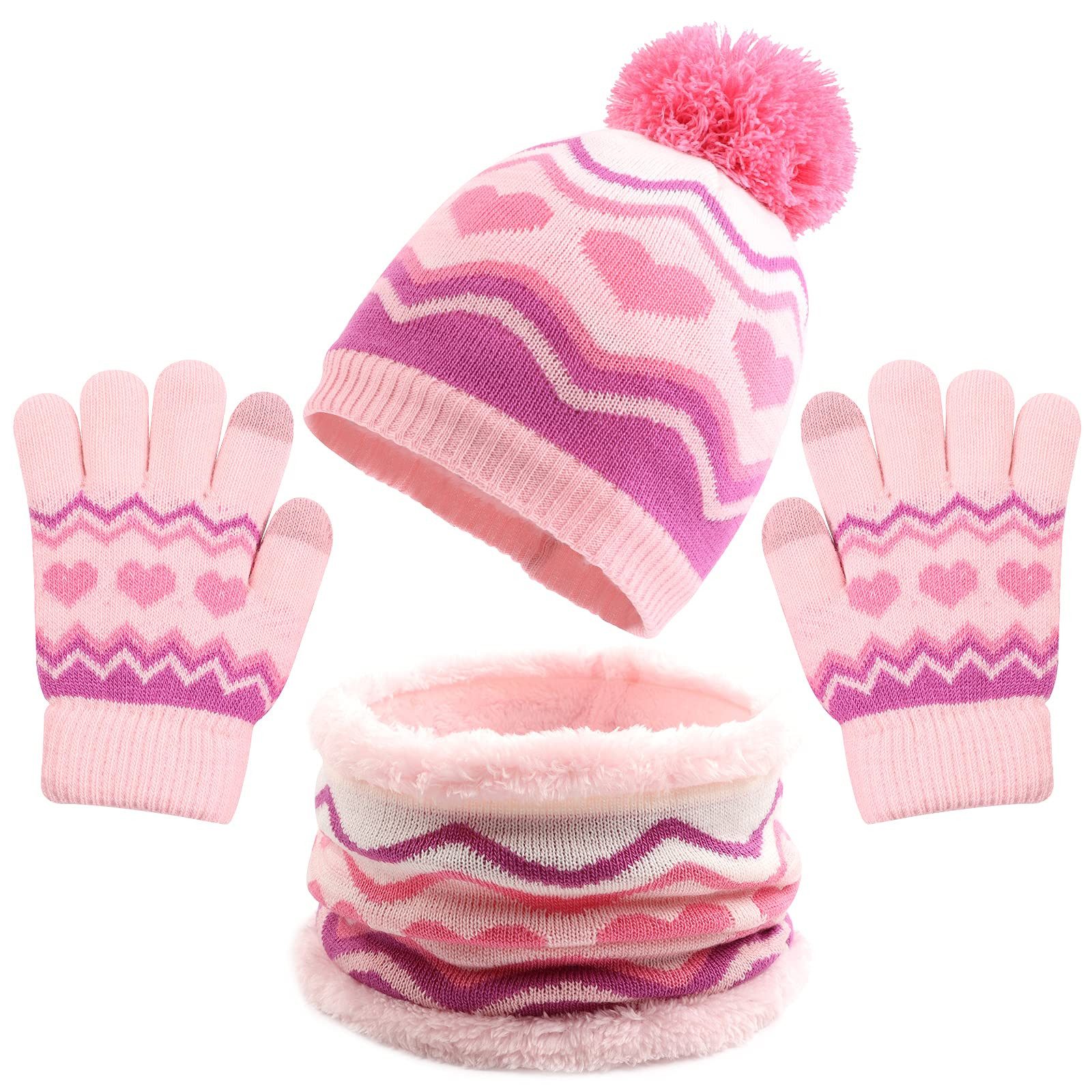 Autrucker Filzhut Mädchen Winterset Mütze Schal Handschuhe, Strickmütze mit Schal (3-St) Warme Winter Accessoires für Kinder 3-8 Jahre