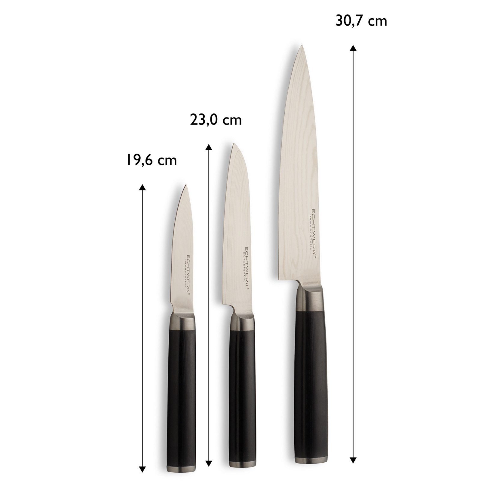 ECHTWERK Messer-Set Damaszener Messer-Set 3tlg, Damaststahl, Messergriffe aus Pakka-Holz, Aufbewahrungs-Kassette
