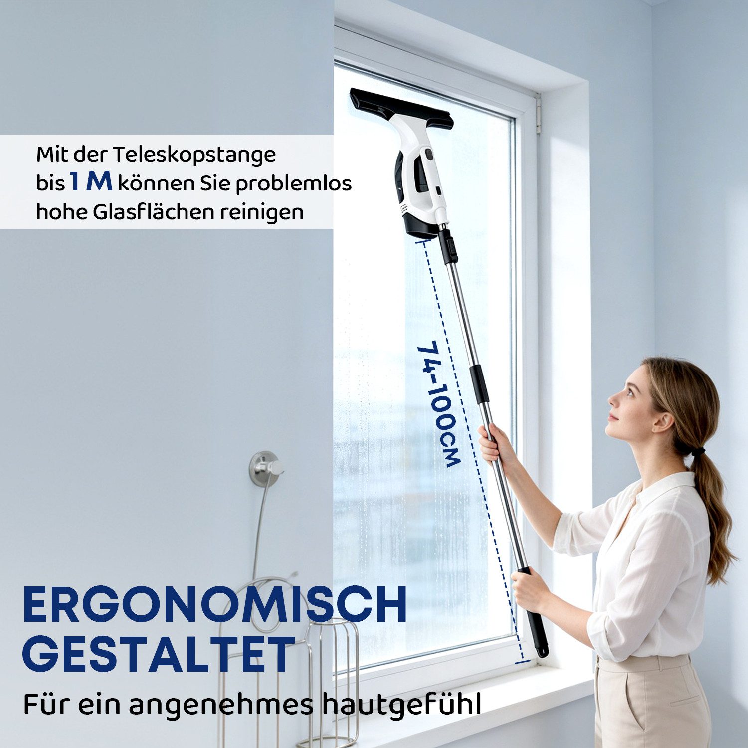 CkeyiN Akku-Fenstersauger Akku-Fensterreiniger mit 1 m verstellbarer Teleskopstange 2200mAh-Akku, Laufzeit 35 minuten 90 m² pro Ladung mit Gießkanne 1 Mikrofasertuch