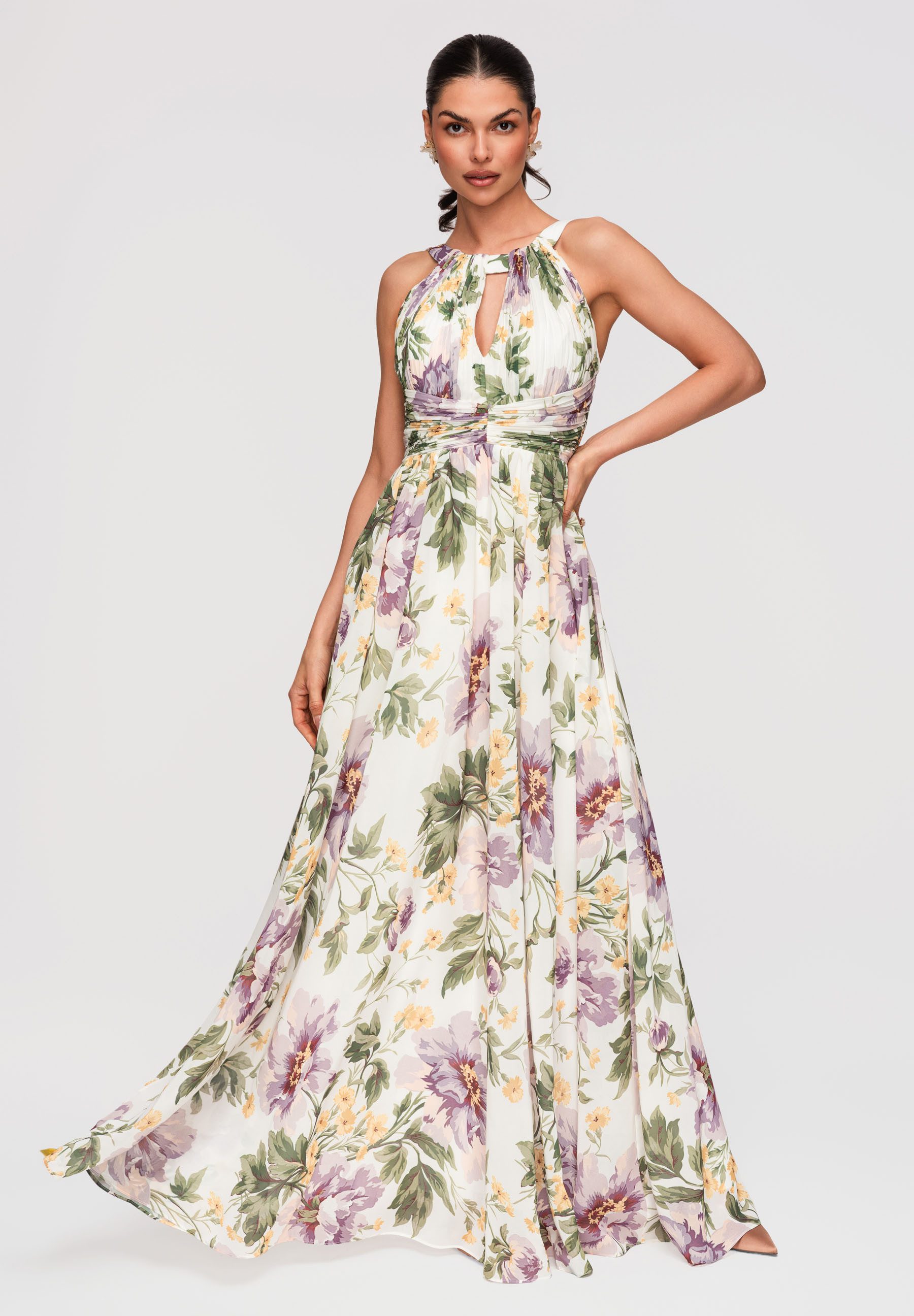 OMBRE Abendkleid Maxikleid mit Falten und Taillendrapierung Weiß S (kein Set, 1-tlg) Plissee-Oberteil, geraffte Taille, bedruckter Stoff, gefüttert