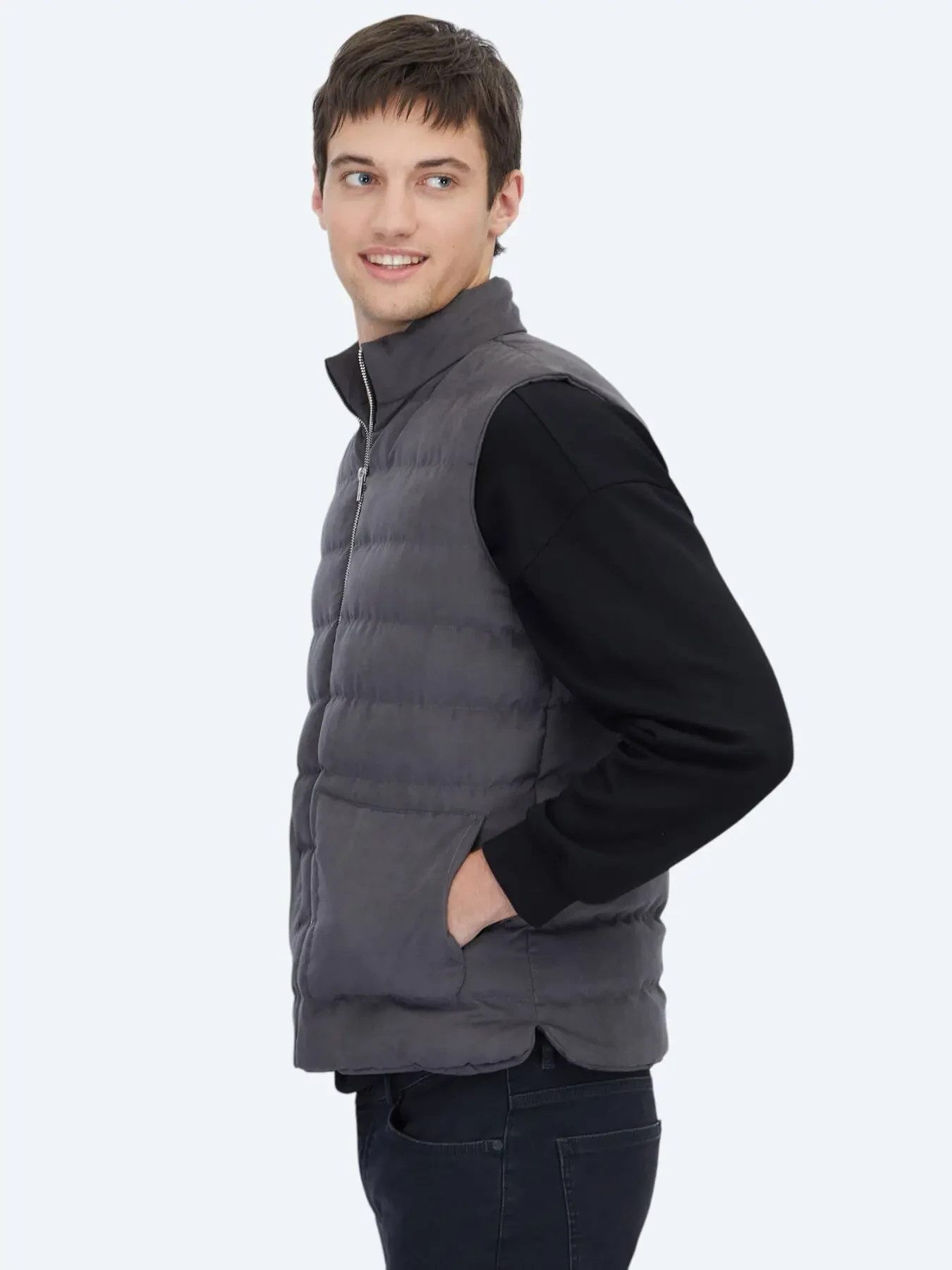 KİP Langmantel Grau Regular Fit Rollkragen Freizeit Web Puffer Weste