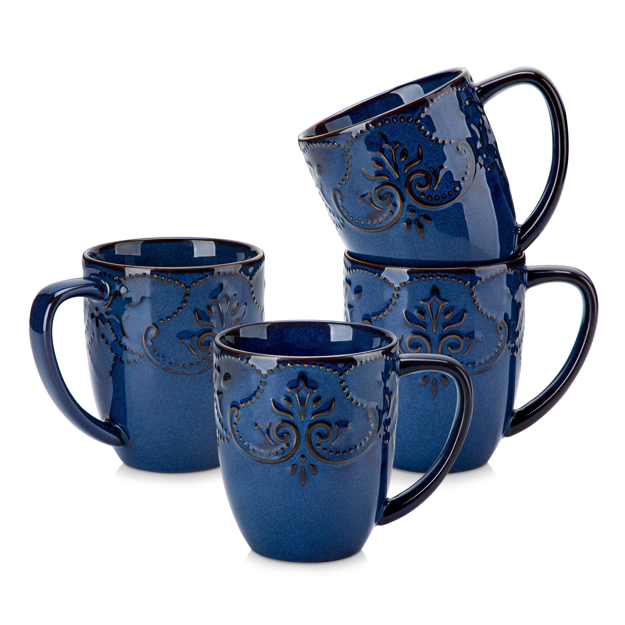 MALACASA Tasse 4-tlg. Tassen Set, Becher für 4, Porzellan Relief Glasur, Blau, 420ML, 4-tlg., Steingut