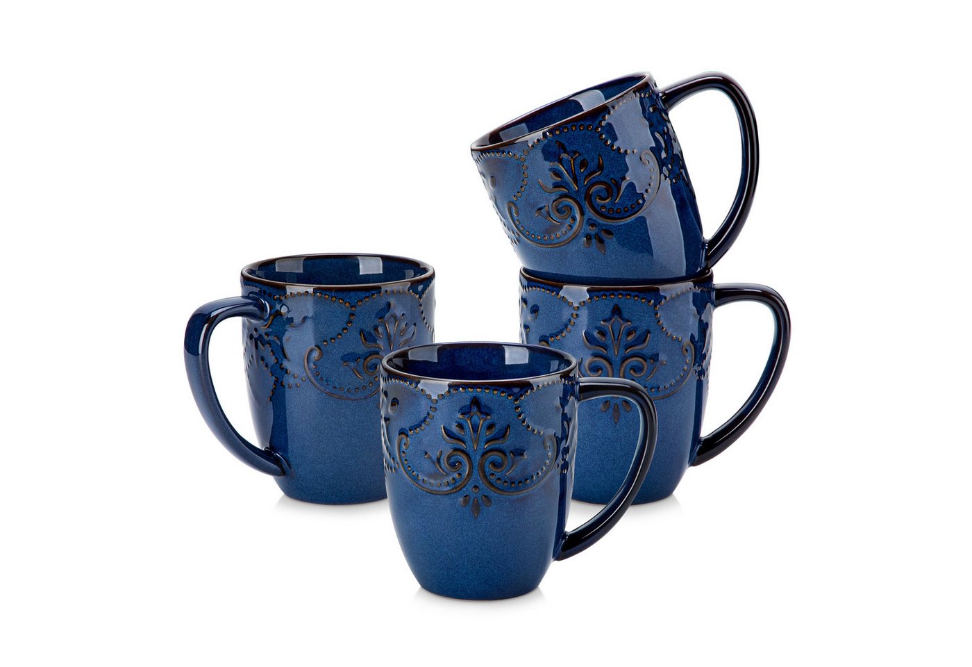 MALACASA Tasse 4-tlg. Tassen Set, Becher für 4, Porzellan Relief Glasur, Blau, 420ML, 4-tlg., Steingut