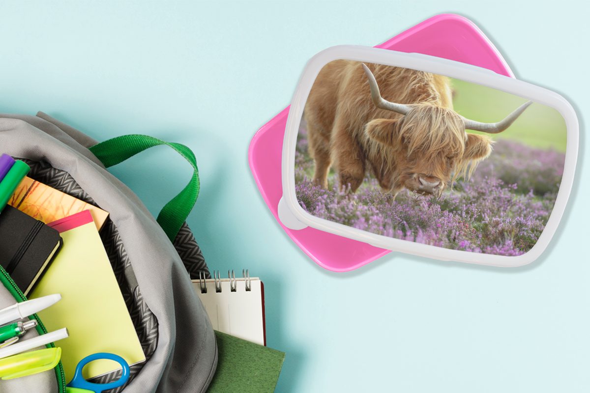 Brotdose Kunststoff, - Brotbox - Mädchen, Natur, (2-tlg), rosa Lunchbox Highlander Blumen MuchoWow Kinder, Snackbox, Schottische Kunststoff für Erwachsene,
