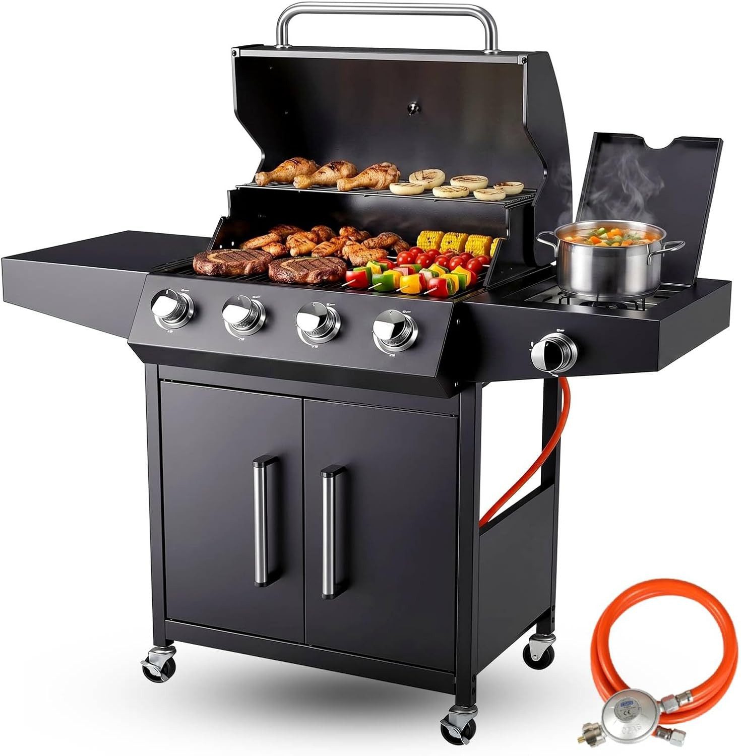 TLGREEN Gasgrill 4+1 Brenner,15 kw Gas Grillwagen BBQ mit Seitenkochfeld, Standgrill DE I3B/P(50) Gasdruckregler, Grillküche Camping Garten(Butan/Propan)