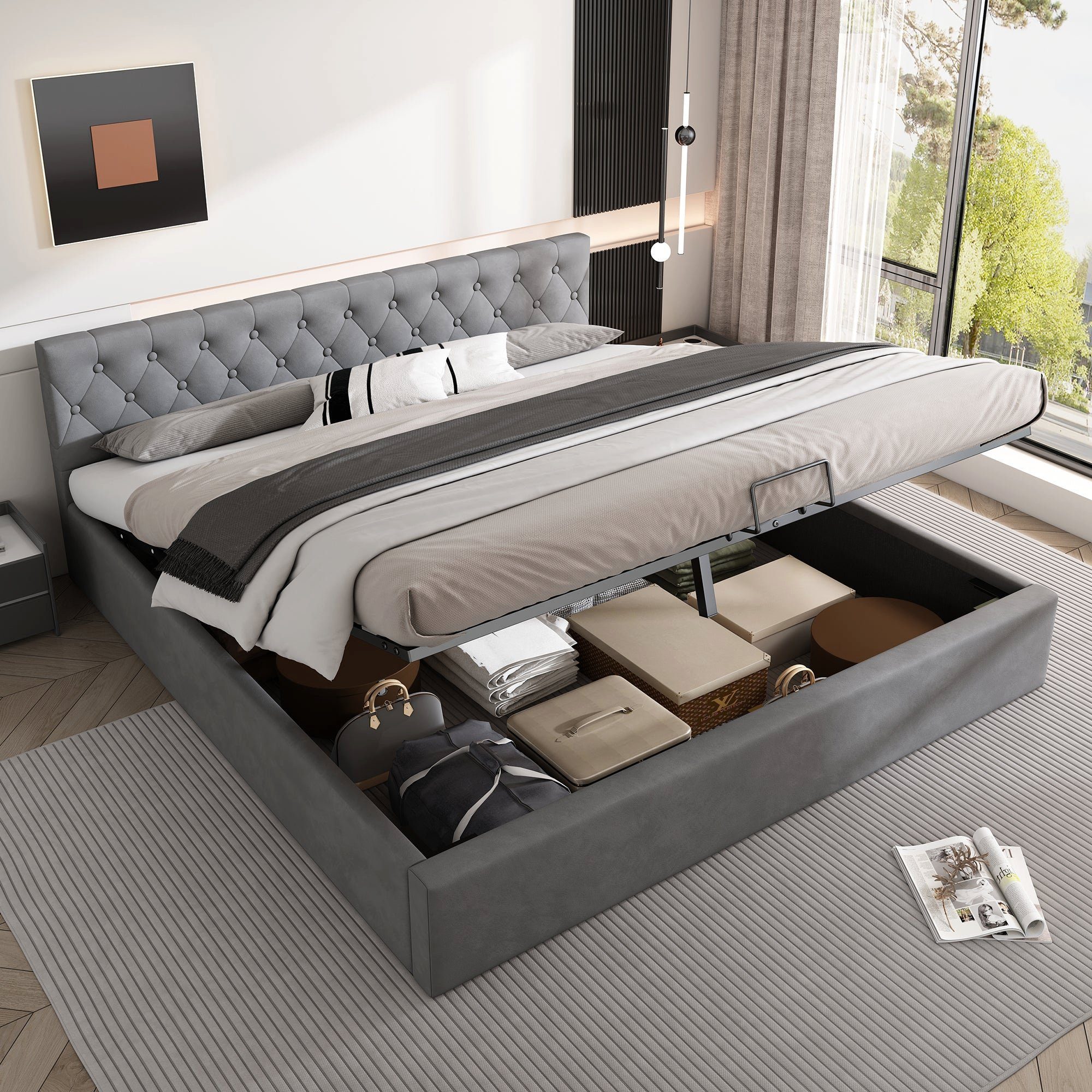 BUMHUM Bett Bett mit Bettkasten Samt-Stoff Polsterbett (Lattenrost  Doppelbett Stauraum Holzfuß (Grau), 180 x 200 cm)