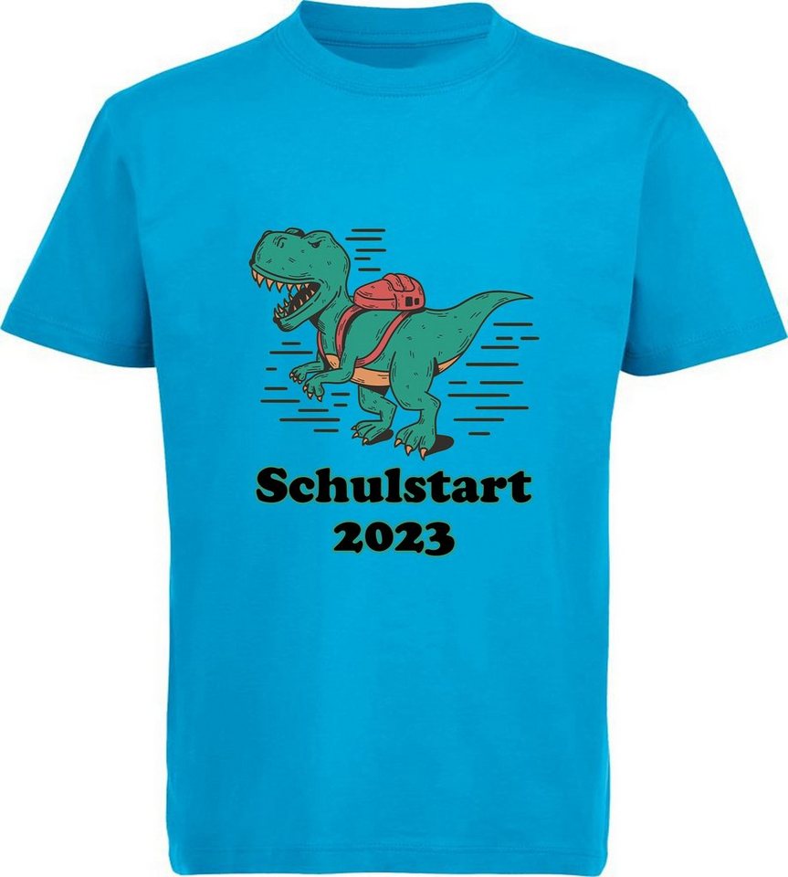 MyDesign24 T-Shirt bedrucktes Kinder T-Shirt mit brüllendem T-Rex mit  Schultasche Baumwollshirt Schulstart 2023, schwarz, weiß, rot, blau, i45