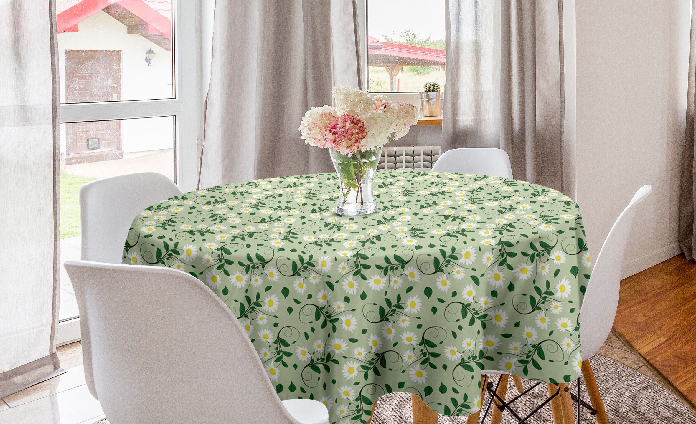 Abakuhaus Tischdecke Kreis Tischdecke Abdeckung für Esszimmer Küche Dekoration, Blumen Aufkeimenden Gänseblümchen Blätter