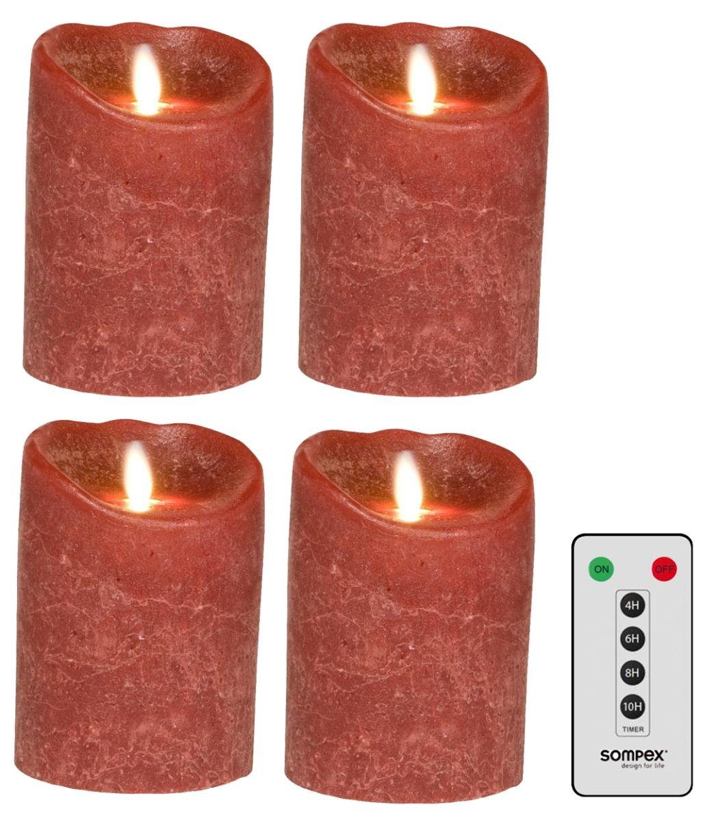 SOMPEX LED-Kerze 4er Set Flame LED Kerzen Bordeaux Frost 12,5cm (Set,  5-tlg., 4 Kerzen, Höhe 12,5cm, Durchmesser 8cm, 1 Fernbedienung),  fernbedienbar, integrierter Timer, Echtwachs, täuschend echtes Kerzenlicht,  optimales Set für den Adventskranz