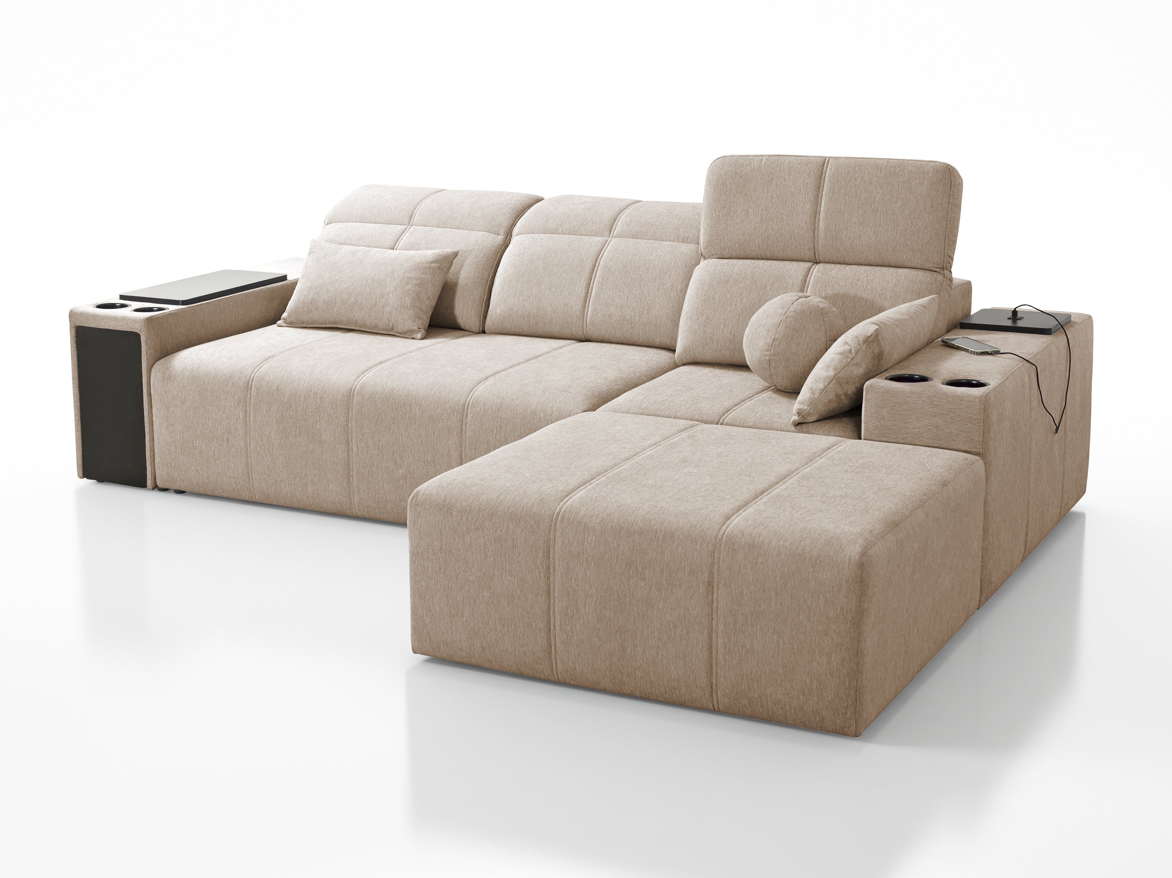 Möbel für Dich Ecksofa Ecksofa Mindy 1 – auch als Dreiersofa mit Hocker aufstellbar, mit Sitztiefenverstellung, USB, Minibar, Schlaffunktion, Bettkasten