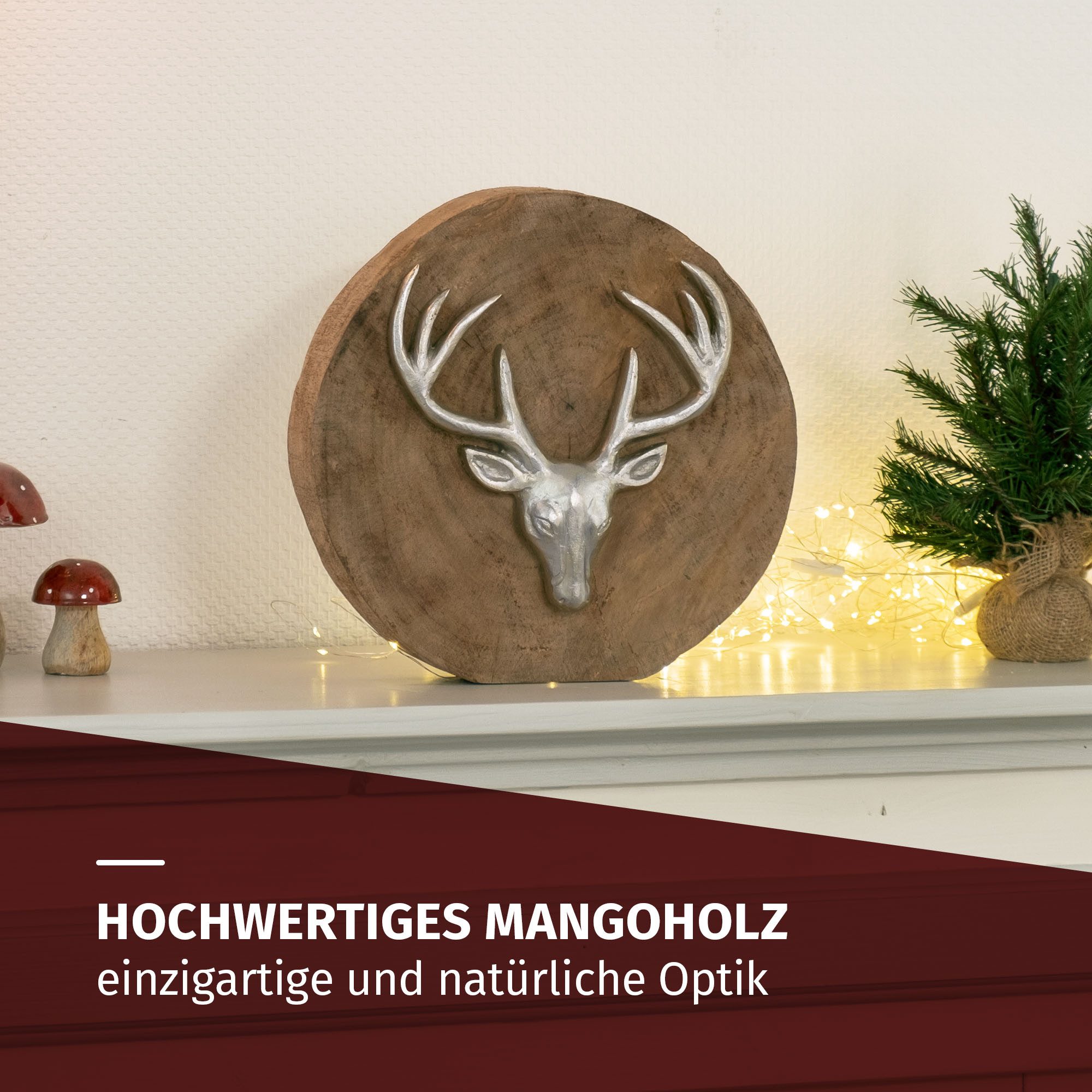 Moritz Skulptur Weihnachtsdeko Hirschkopf 29 cm aus Mangoholz und Aluminium, Holz, Tischdeko, Fensterdeko, Wanddeko, Holzdeko, Weihnachtsdeko