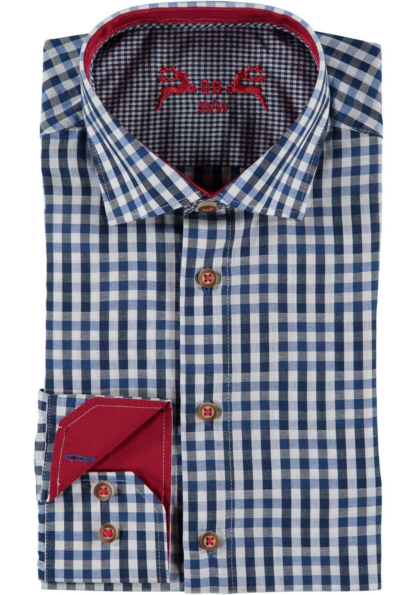OS-Trachten Trachtenhemd Merogu mit extra langen Ärmeln, Manschetten in Kontraststoff kornblau